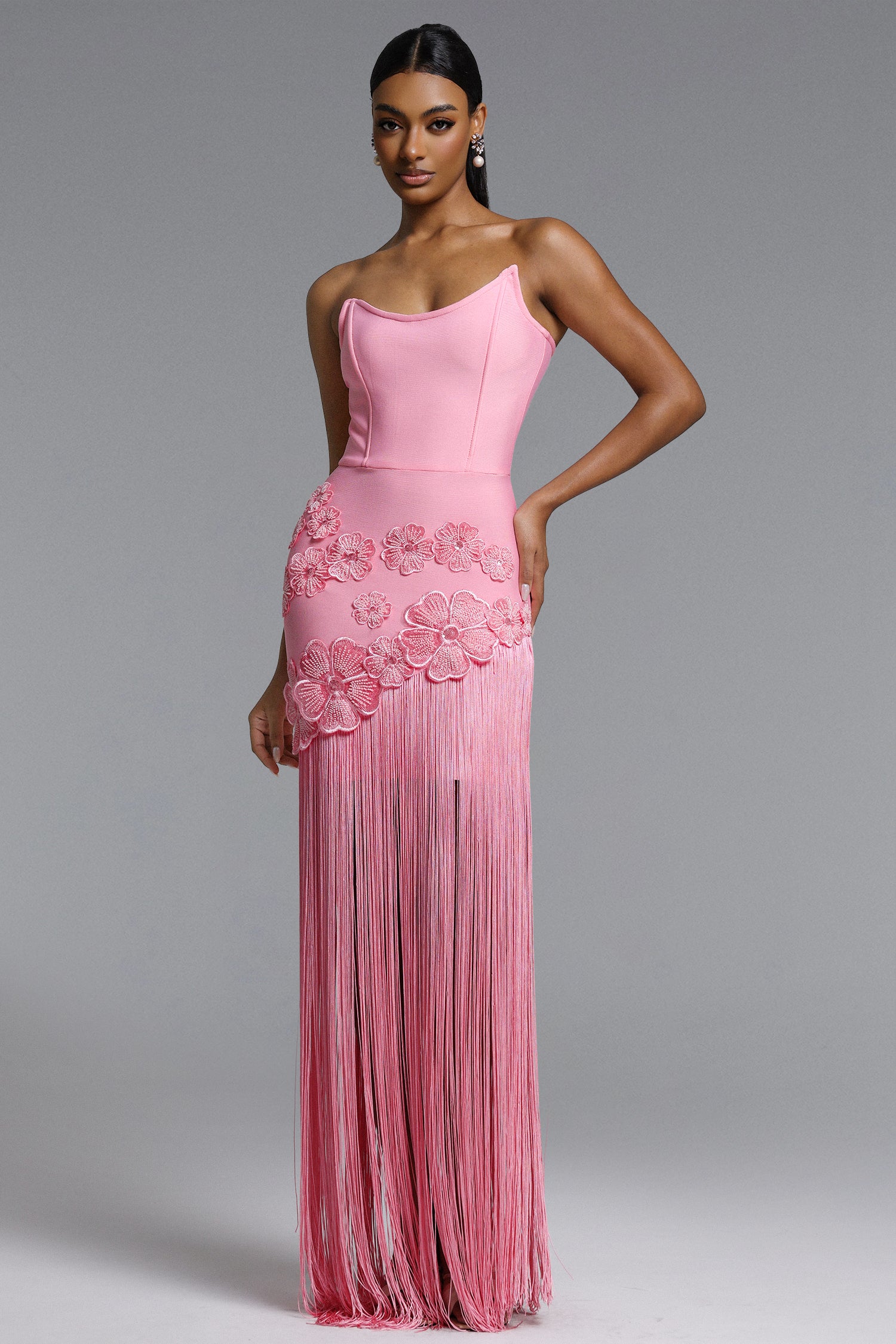 EZGI CHIC CONTOUR STRAPLESS FLORAL FRINGE BANDAGE MAXI DRESS