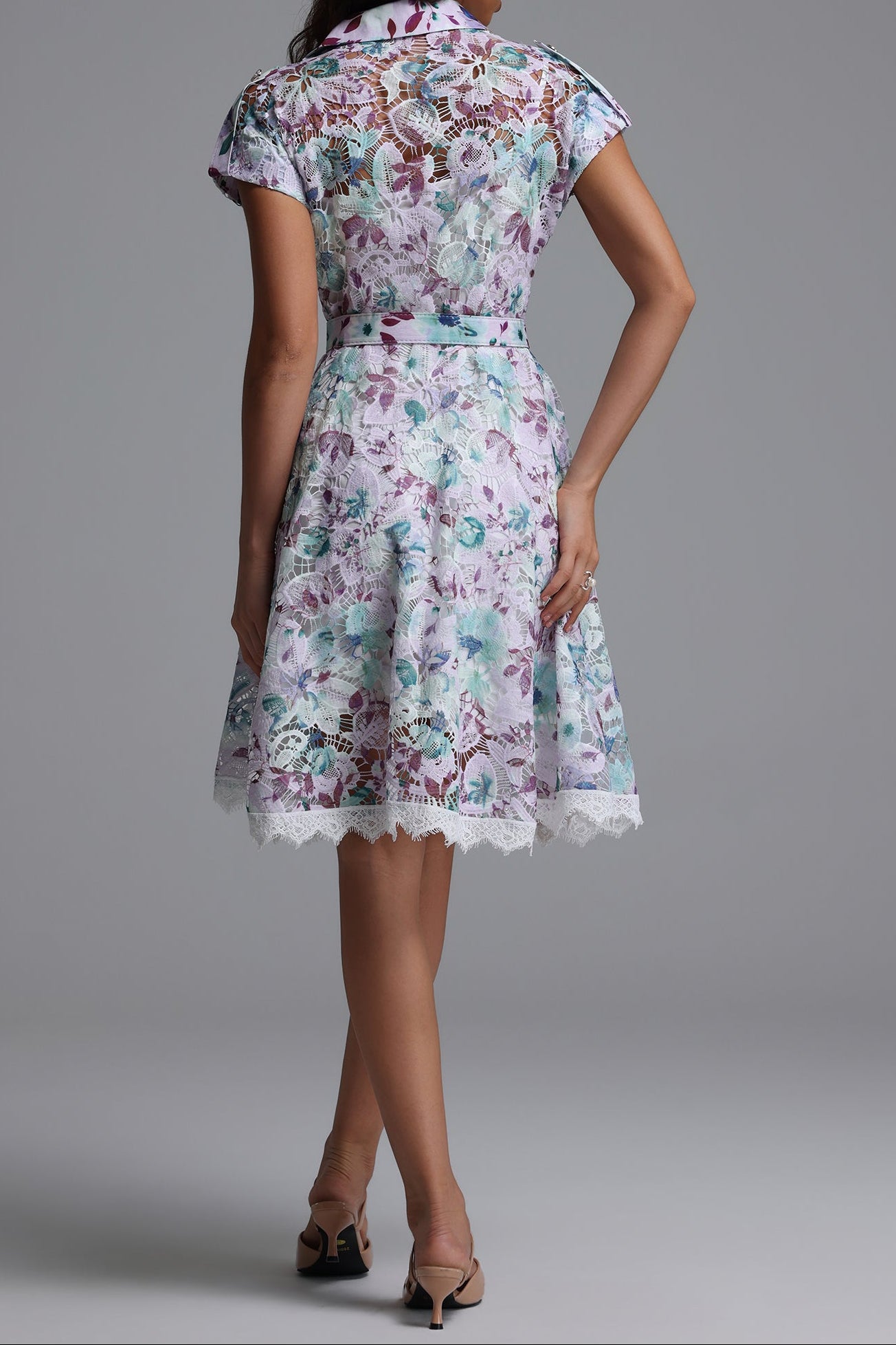 PASTEL FLORAL LACE FIT & FLARE MIDI DRESS WITH BELT
