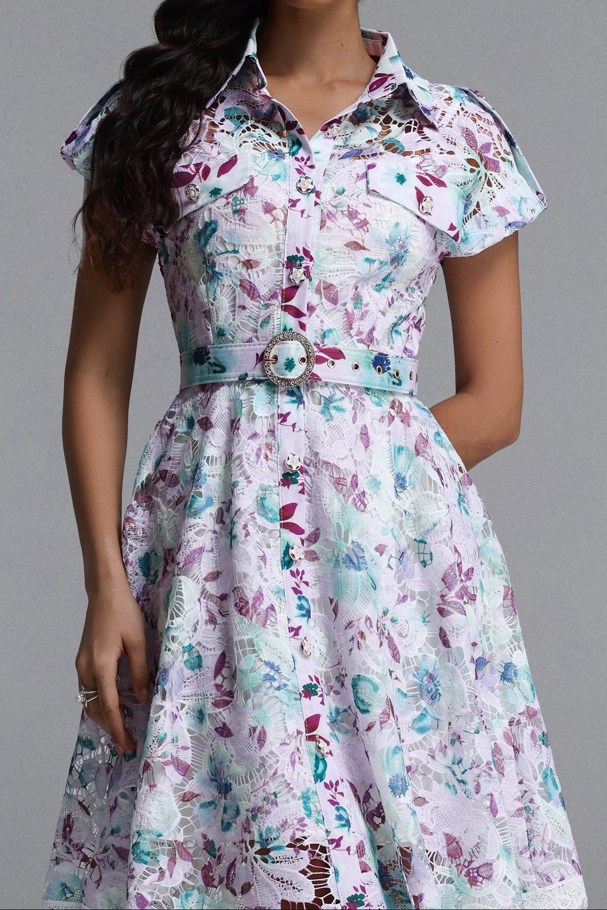PASTEL FLORAL LACE FIT & FLARE MIDI DRESS WITH BELT