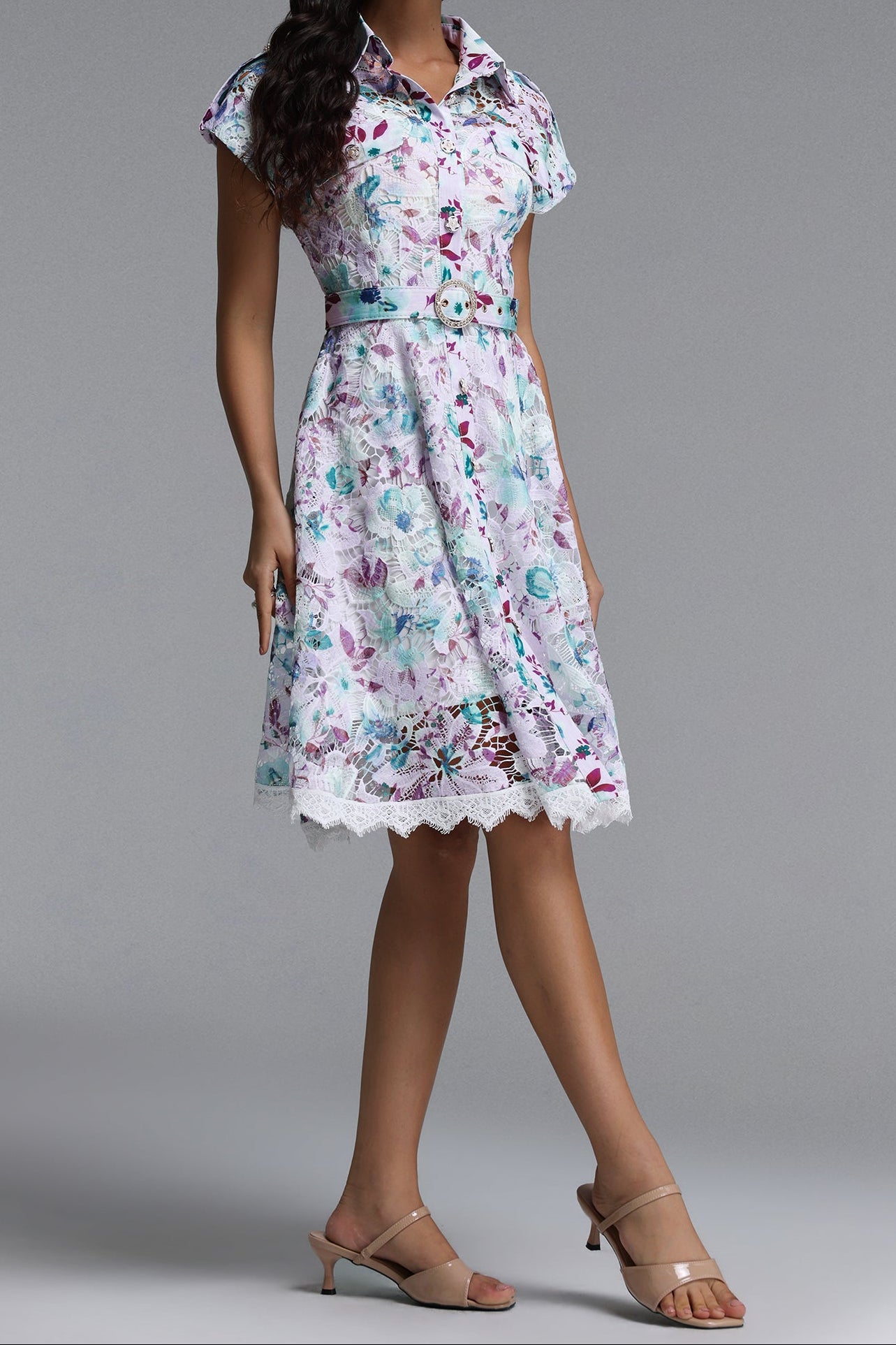 PASTEL FLORAL LACE FIT & FLARE MIDI DRESS WITH BELT