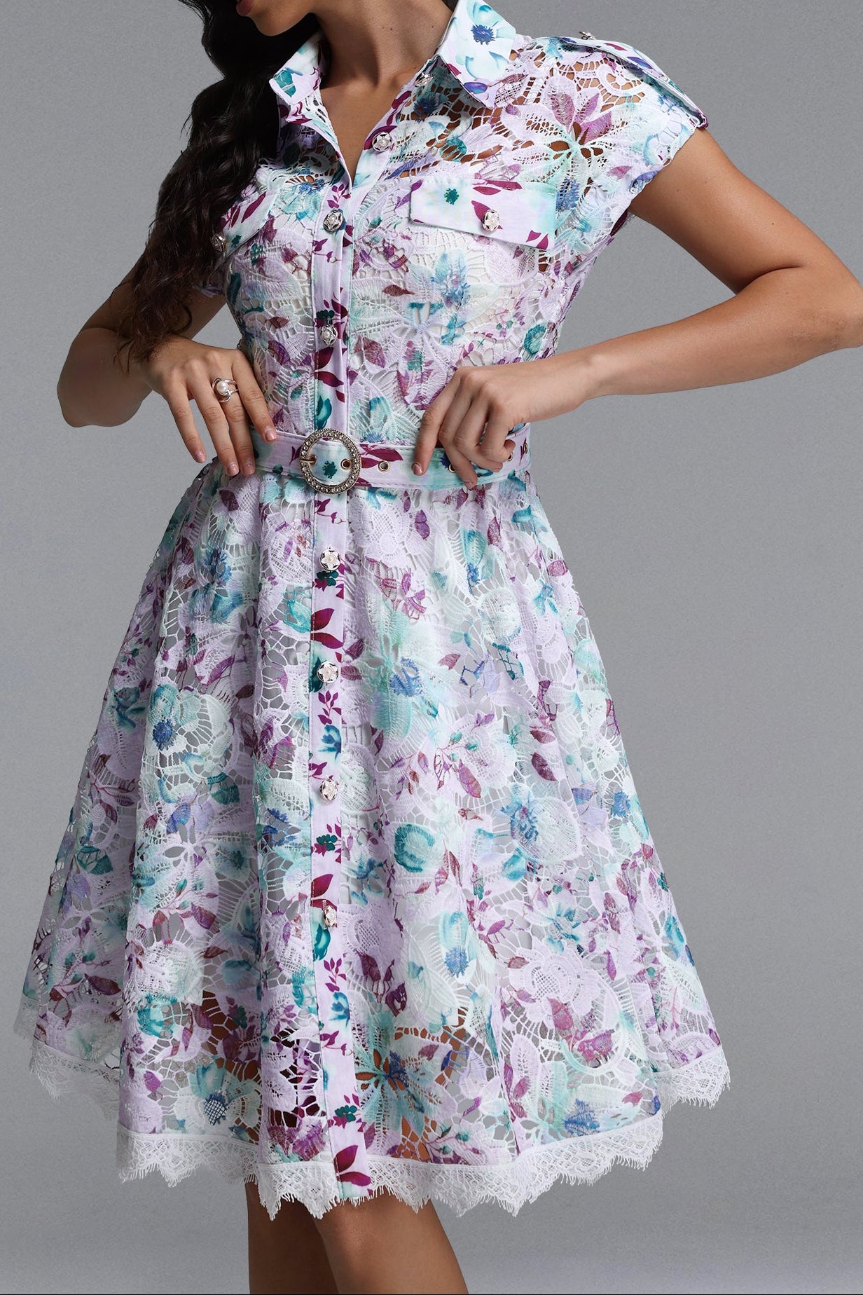 PASTEL FLORAL LACE FIT & FLARE MIDI DRESS WITH BELT