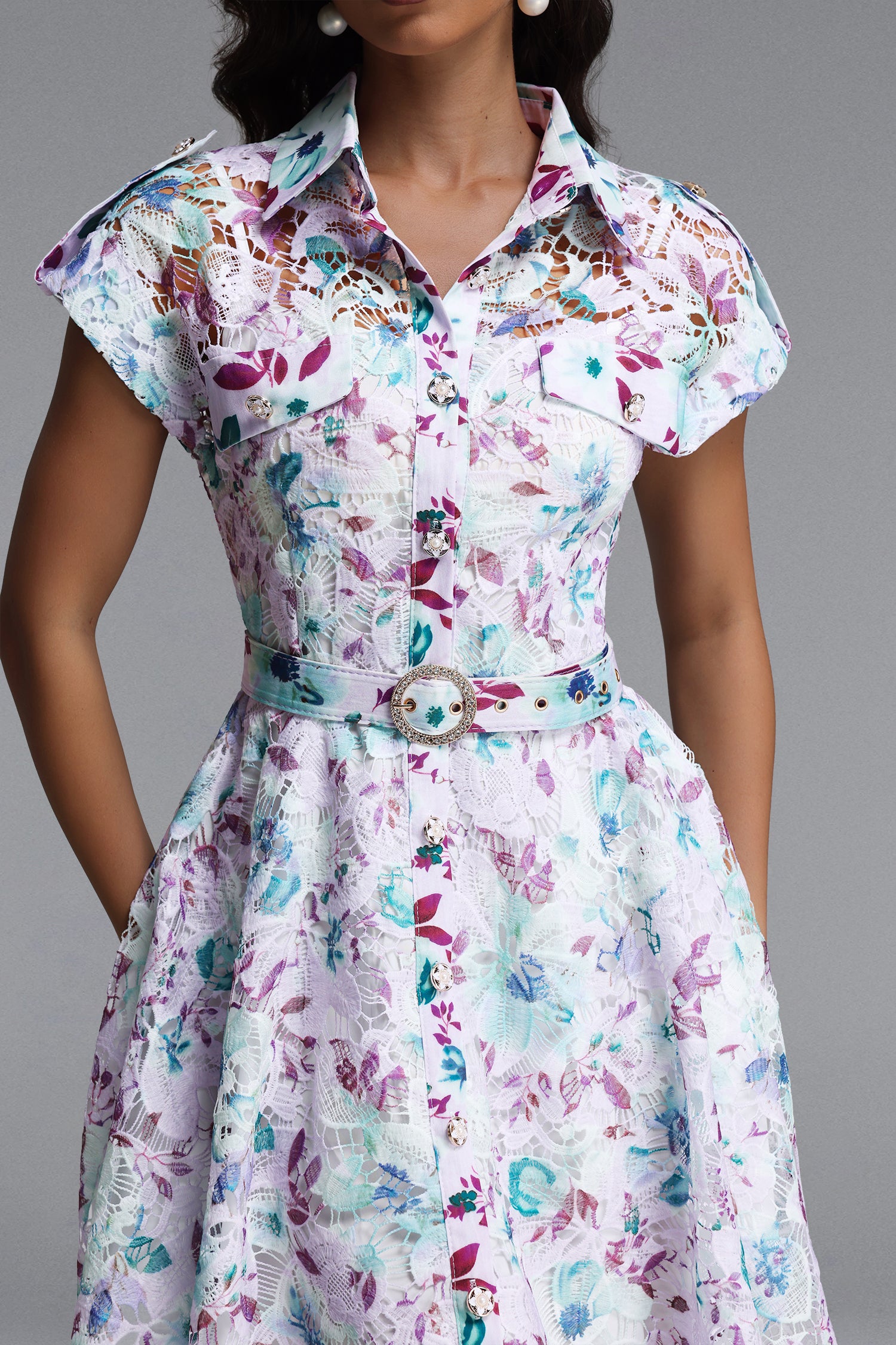 PASTEL FLORAL LACE FIT & FLARE MIDI DRESS WITH BELT