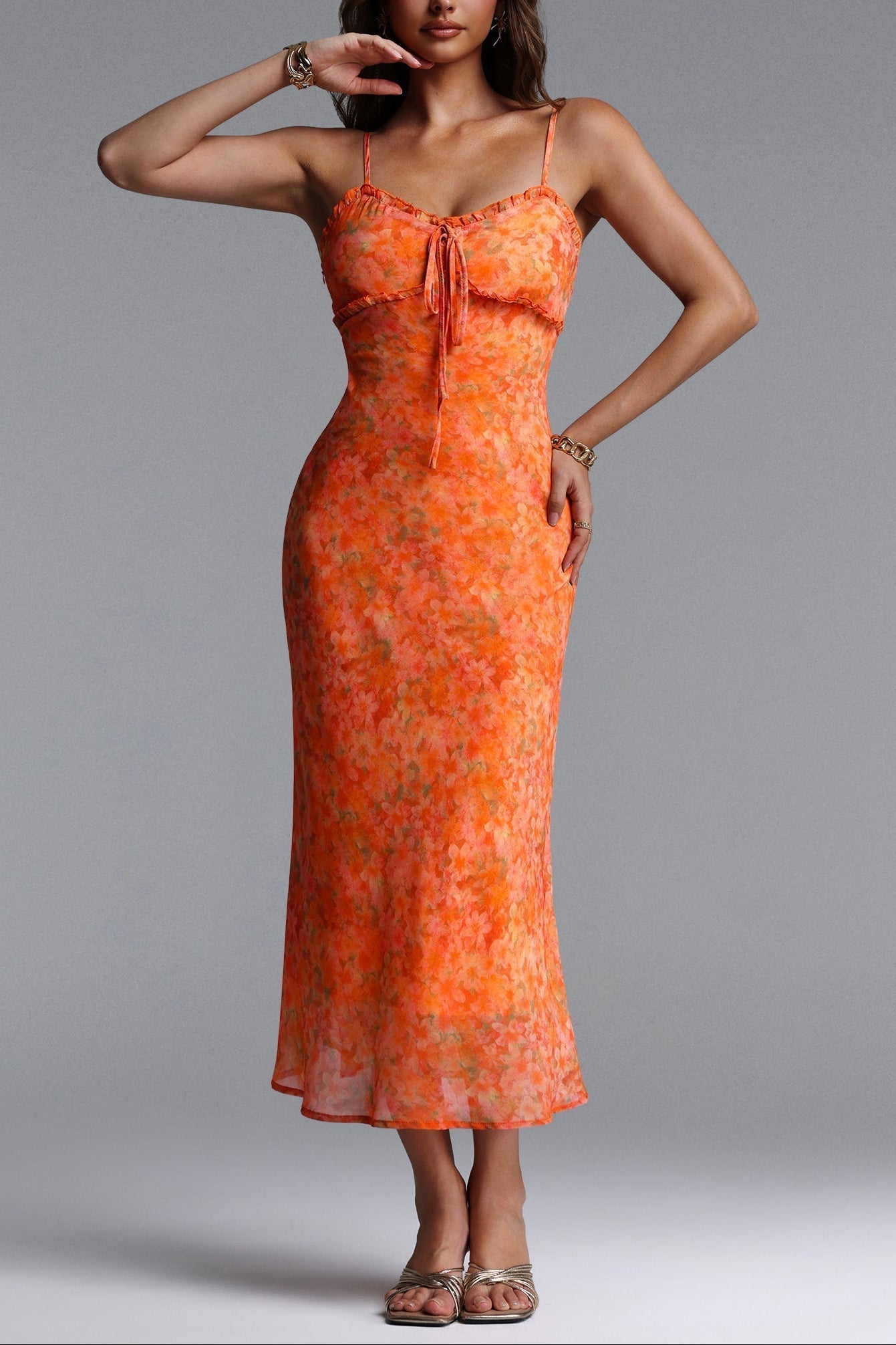 IENEE SLEEVELESS RUFFLE FLORAL MAXI DRESS