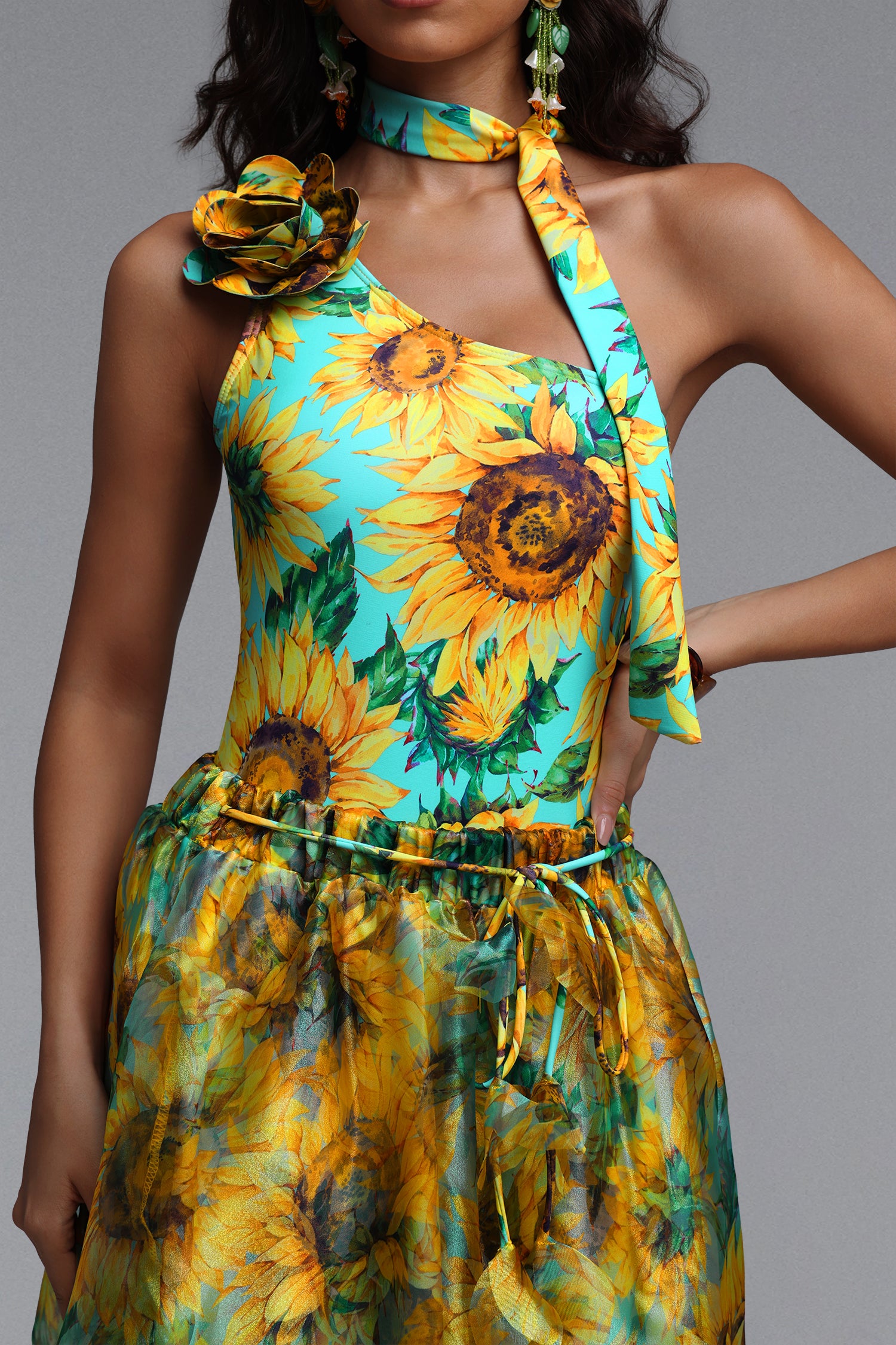 SUNFLOWER ONE SHOULDER HALTER CHOKER SWIMSUIT