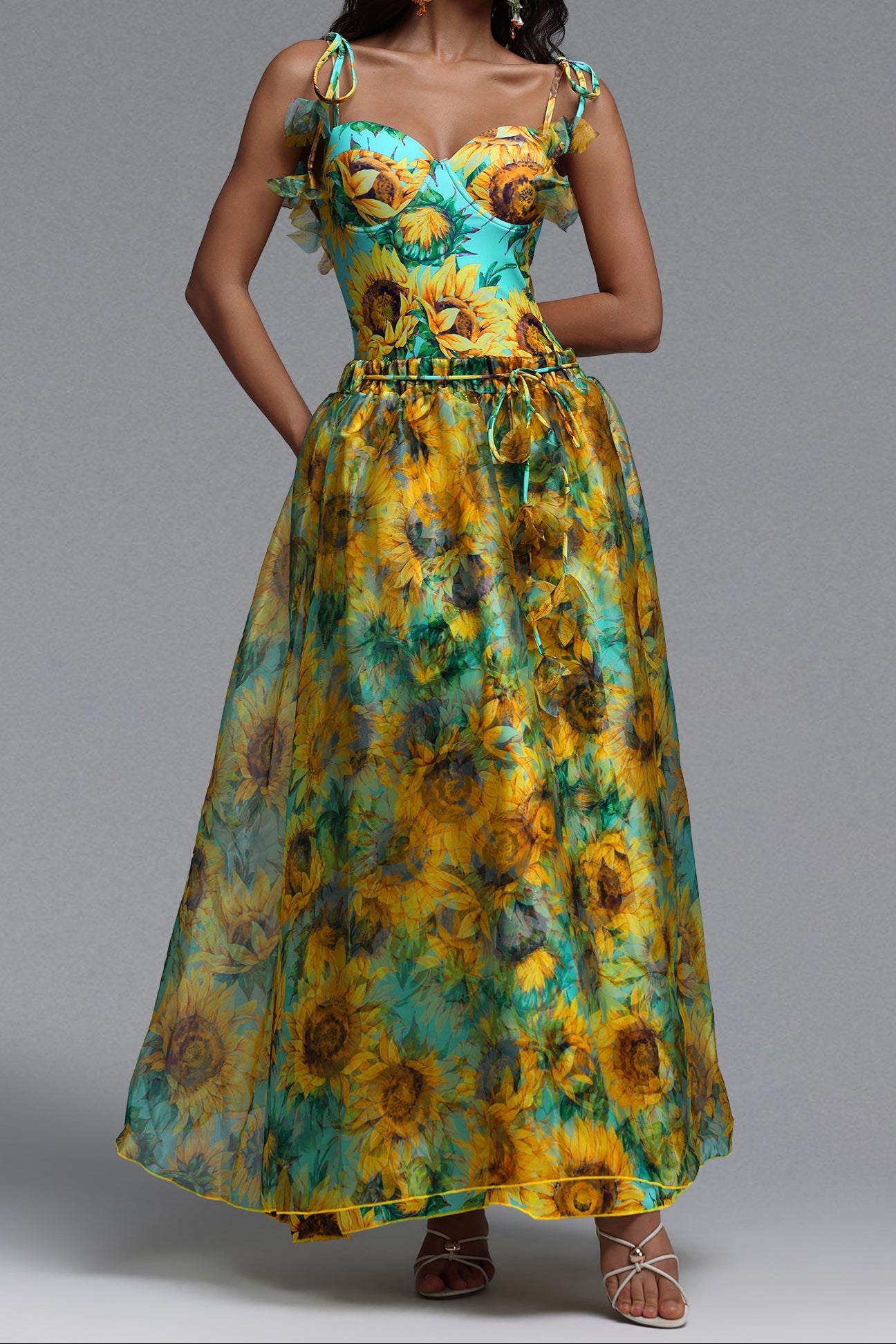 2026-05-12-maysa251892 TURQUOISE SUNFLOWER RUFFLE BUSTIER ONE-PIECE SWIMSUIT