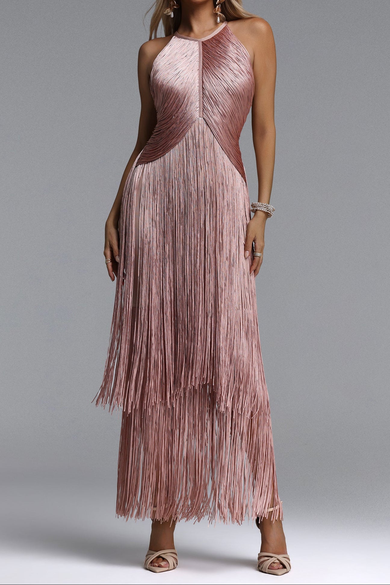 DUSTY PINK HALTER FRINGE MAXI EVENING GOWN