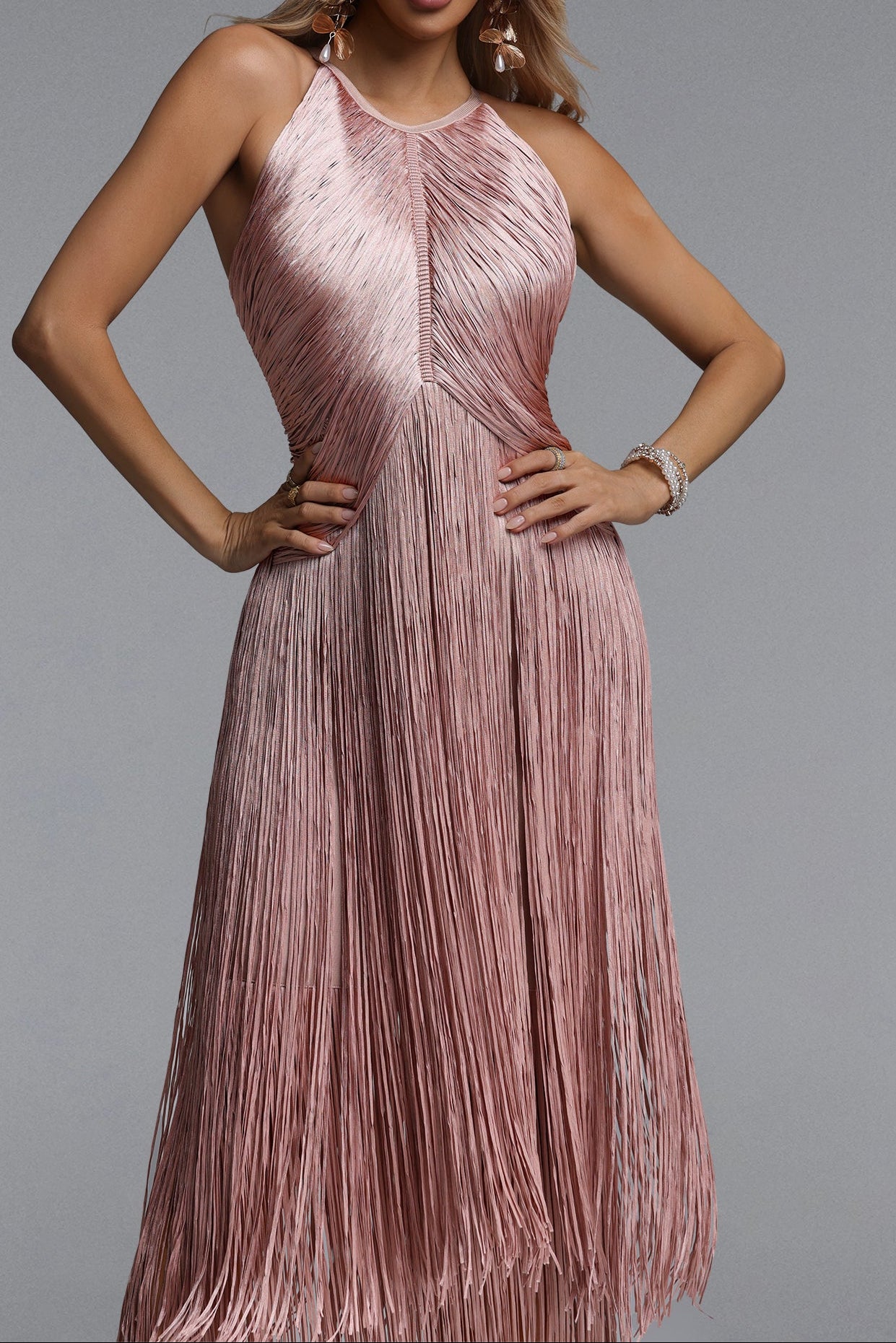 DUSTY PINK HALTER FRINGE MAXI EVENING GOWN