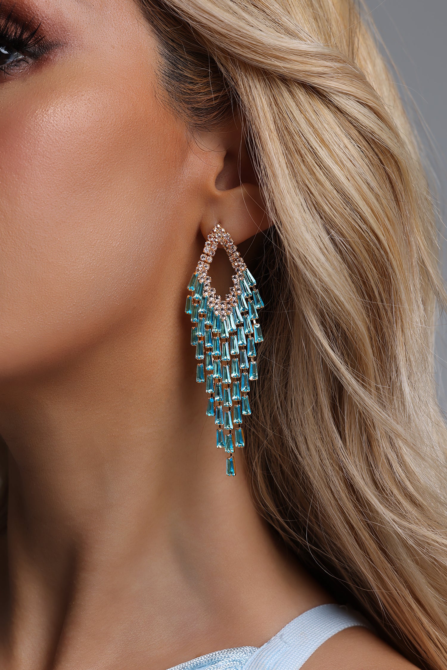 MELIA BLUE CRYSTAL FRINGE DANGLE EARRINGS