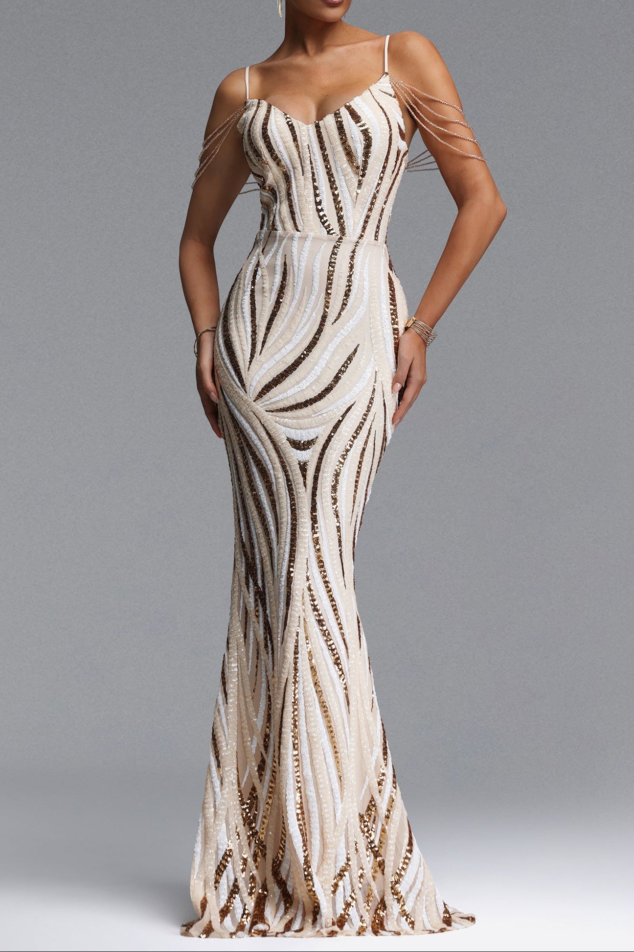 2026-05-22-ana-1-261845 CHAMPAGNE SEQUIN MERMAID MAXI EVENING GOWN