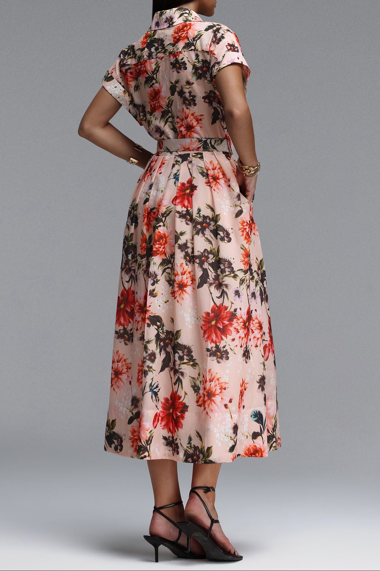 LIGHT PINK FLORAL COLLARED BELTED MIDI SHIRT DRESS
