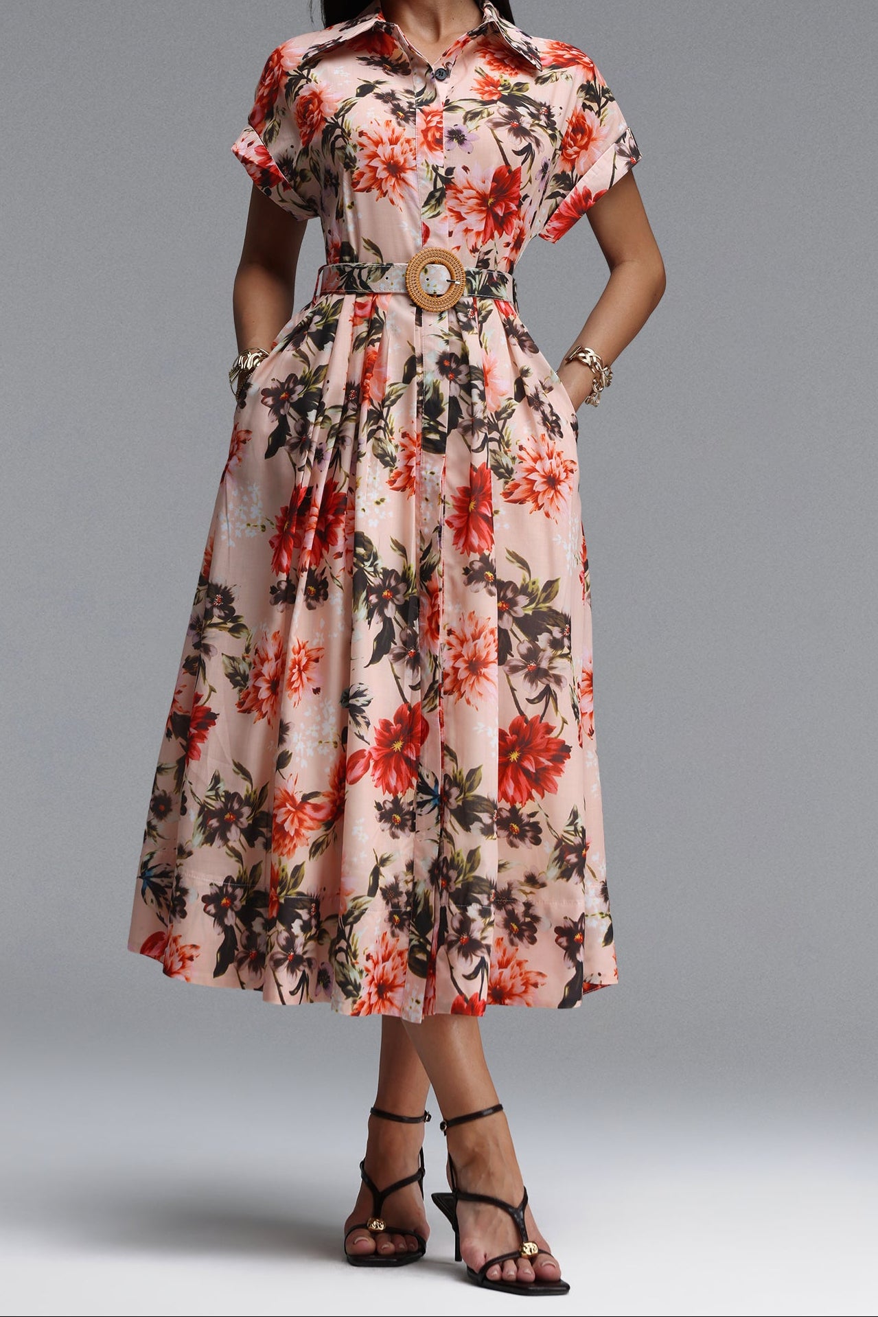 LIGHT PINK FLORAL COLLARED BELTED MIDI SHIRT DRESS