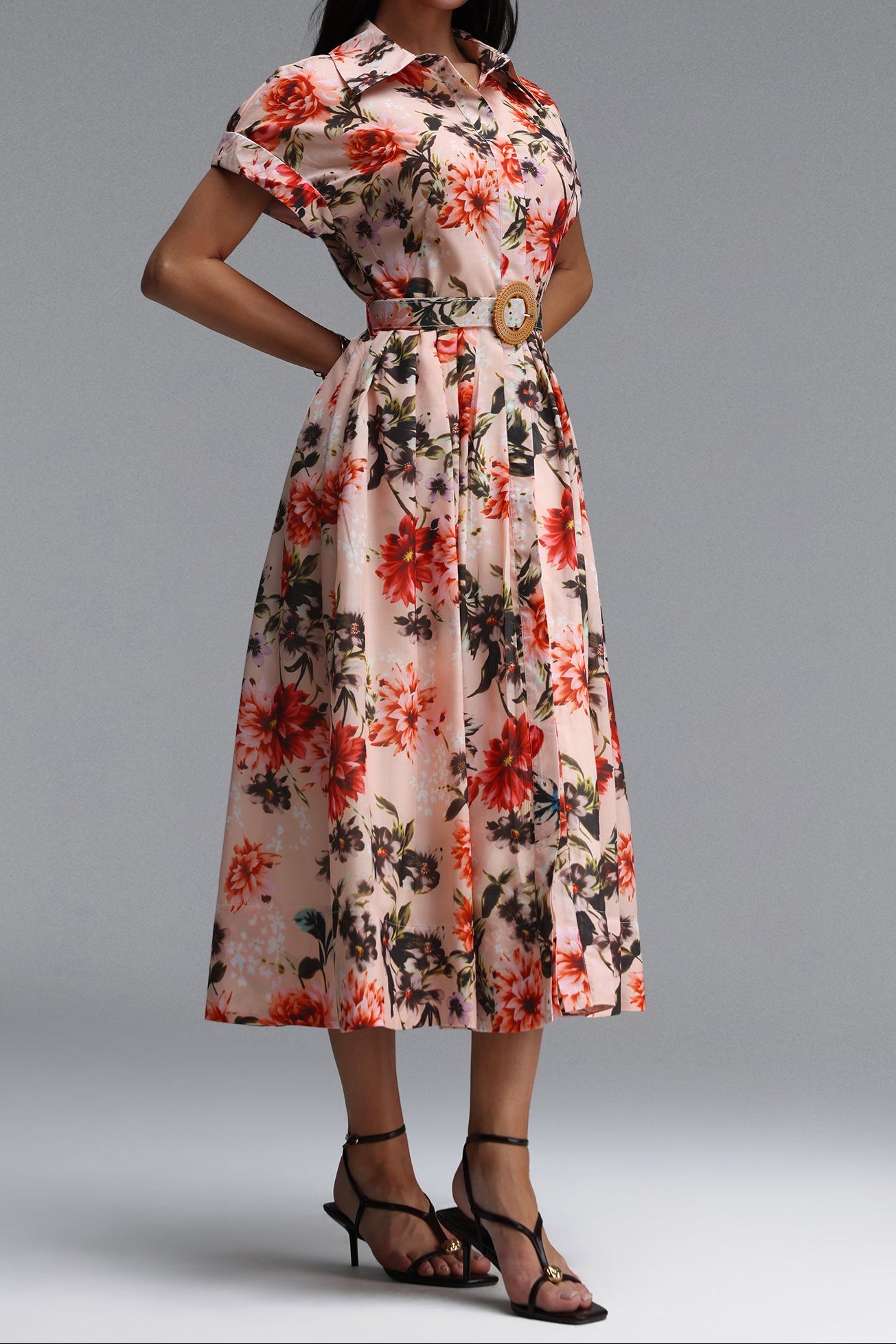 LIGHT PINK FLORAL COLLARED BELTED MIDI SHIRT DRESS