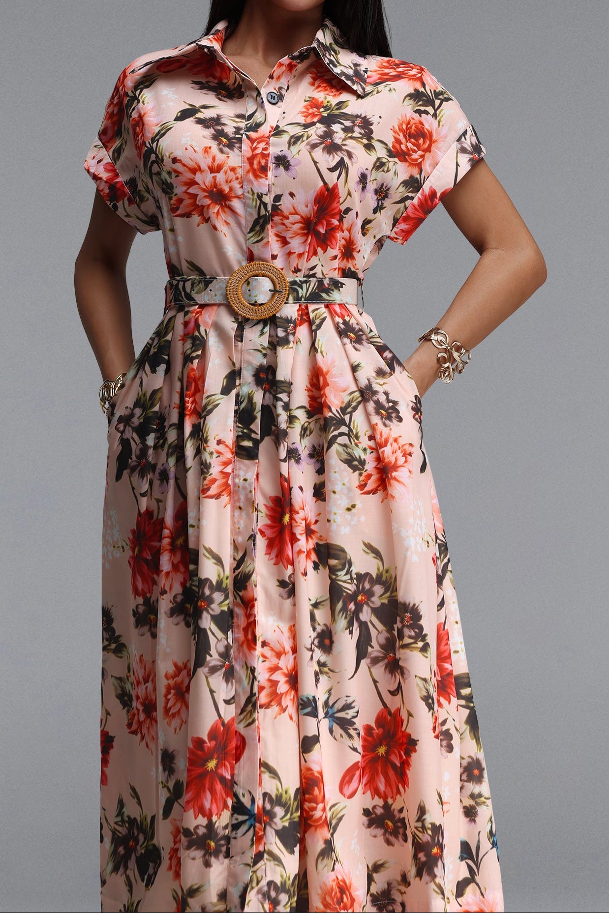 LIGHT PINK FLORAL COLLARED BELTED MIDI SHIRT DRESS