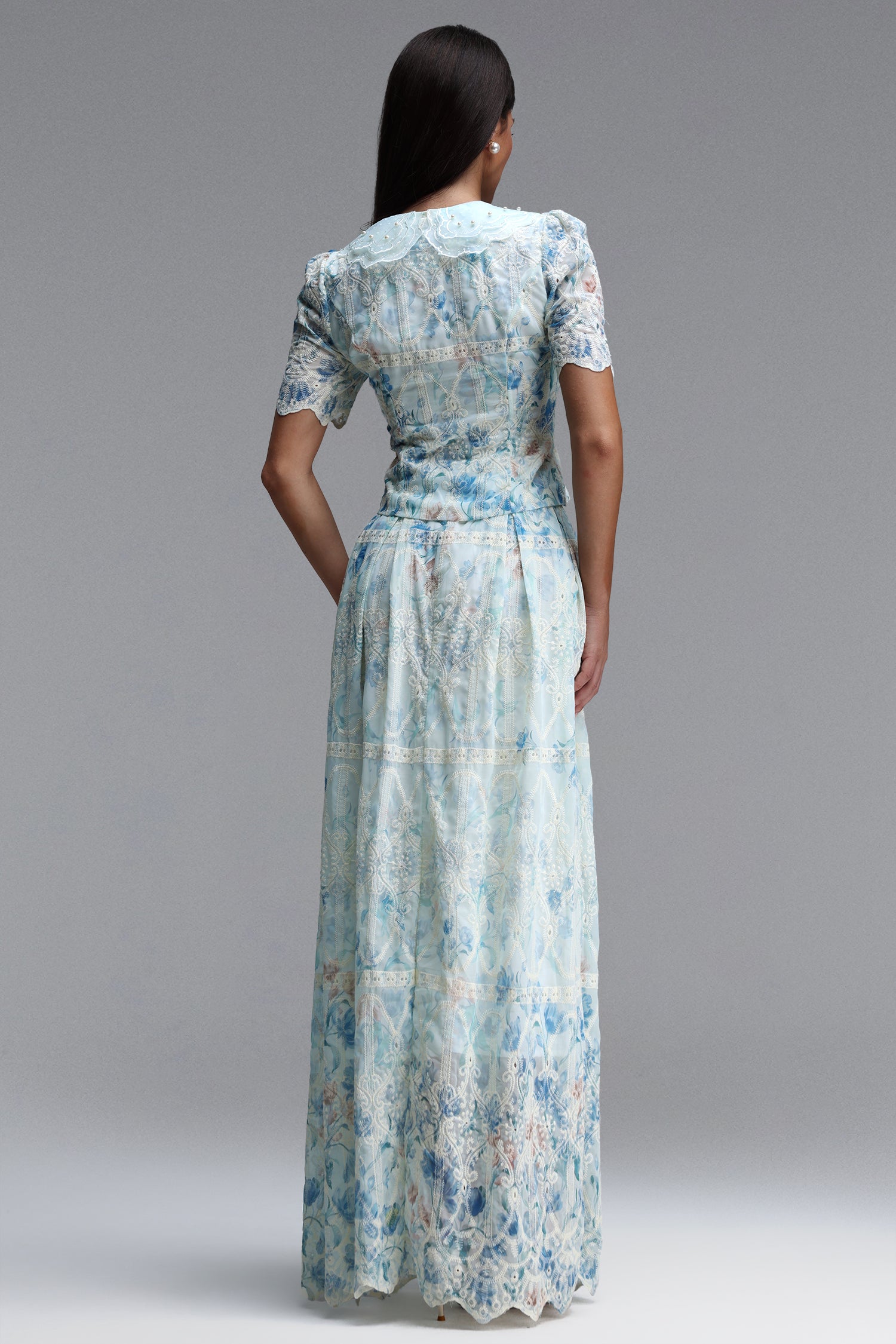 LIGHT BLUE LACE PETER PAN COLLAR CROP TOP & MAXI SKIRT SET