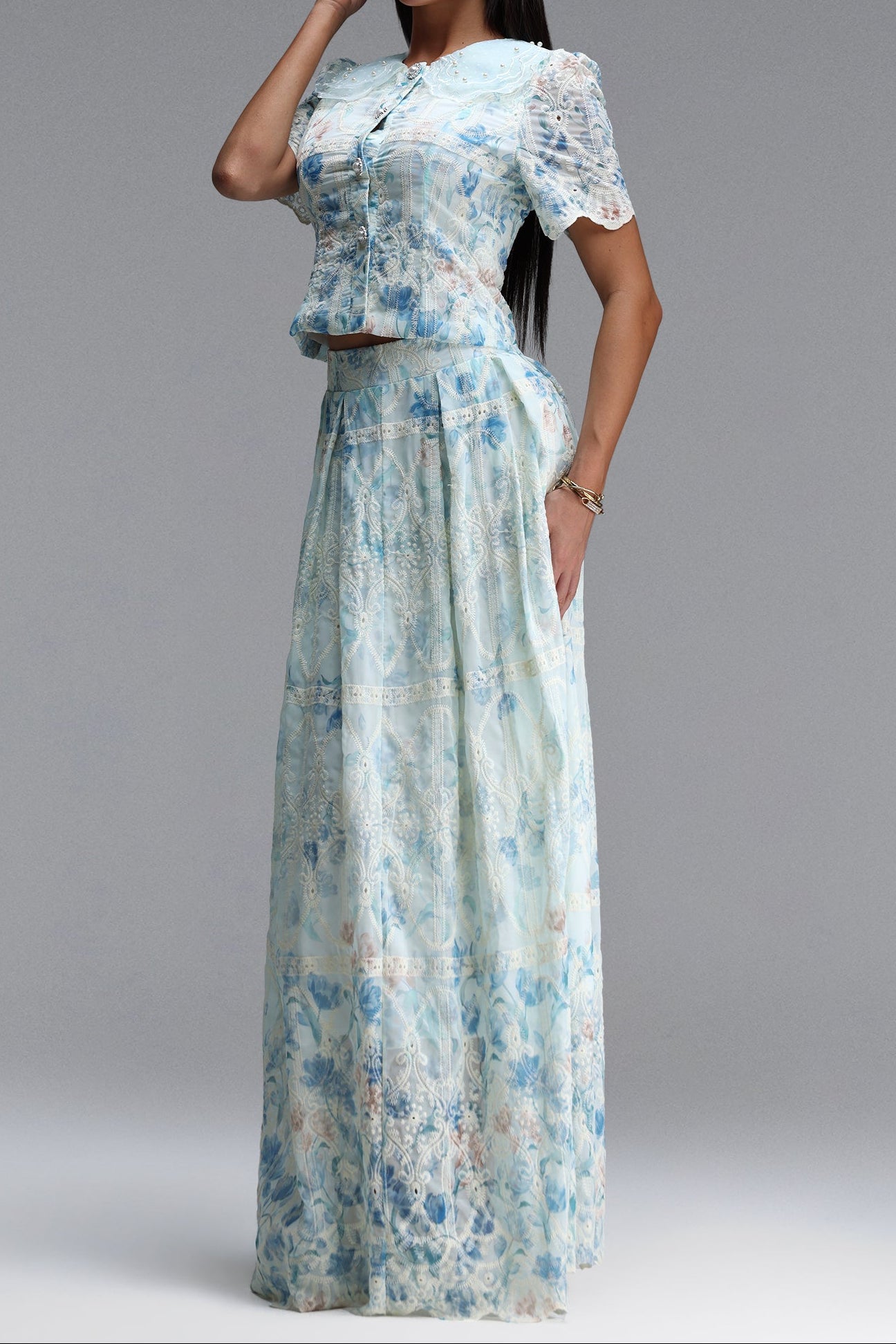 LIGHT BLUE LACE PETER PAN COLLAR CROP TOP & MAXI SKIRT SET