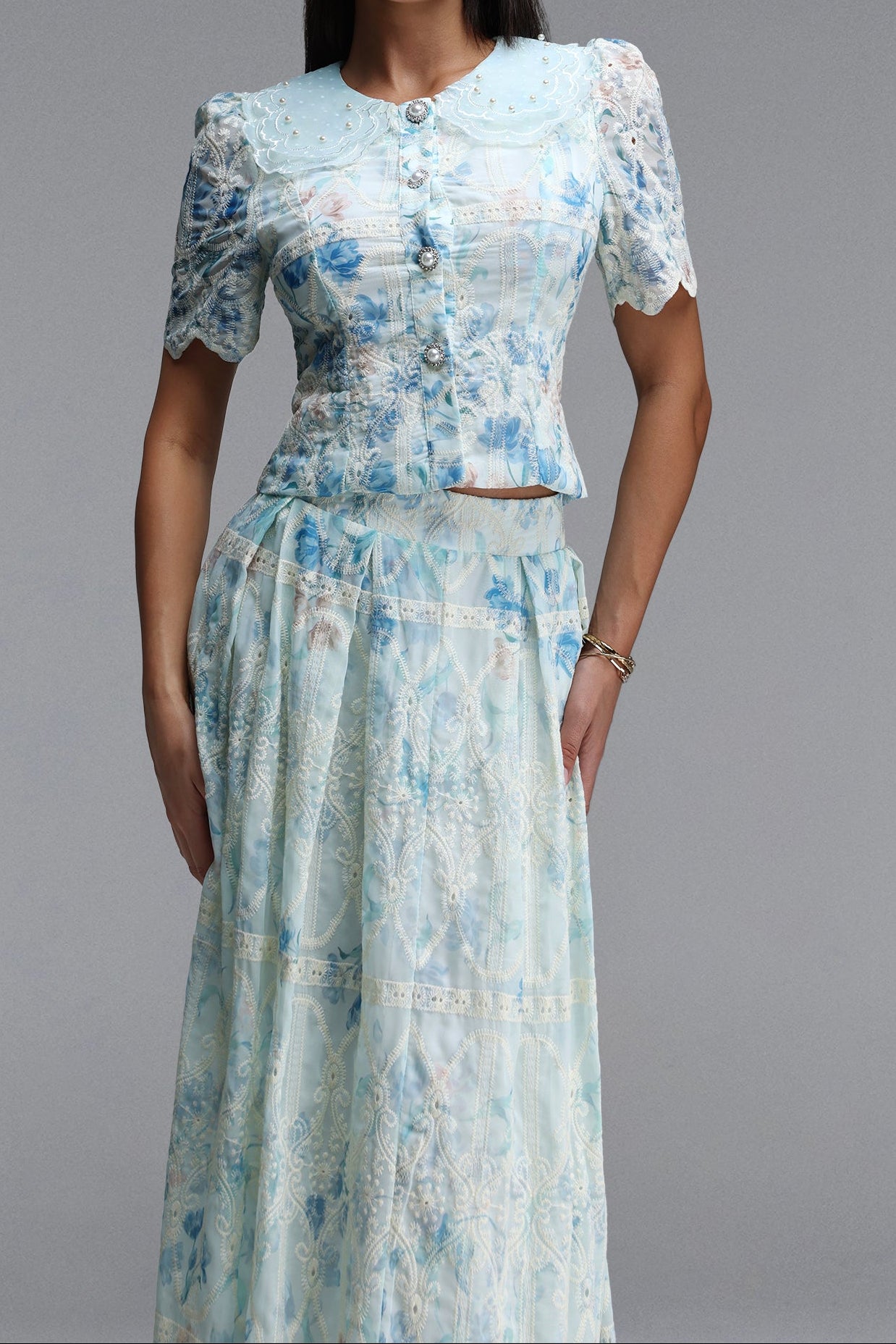 LIGHT BLUE LACE PETER PAN COLLAR CROP TOP & MAXI SKIRT SET