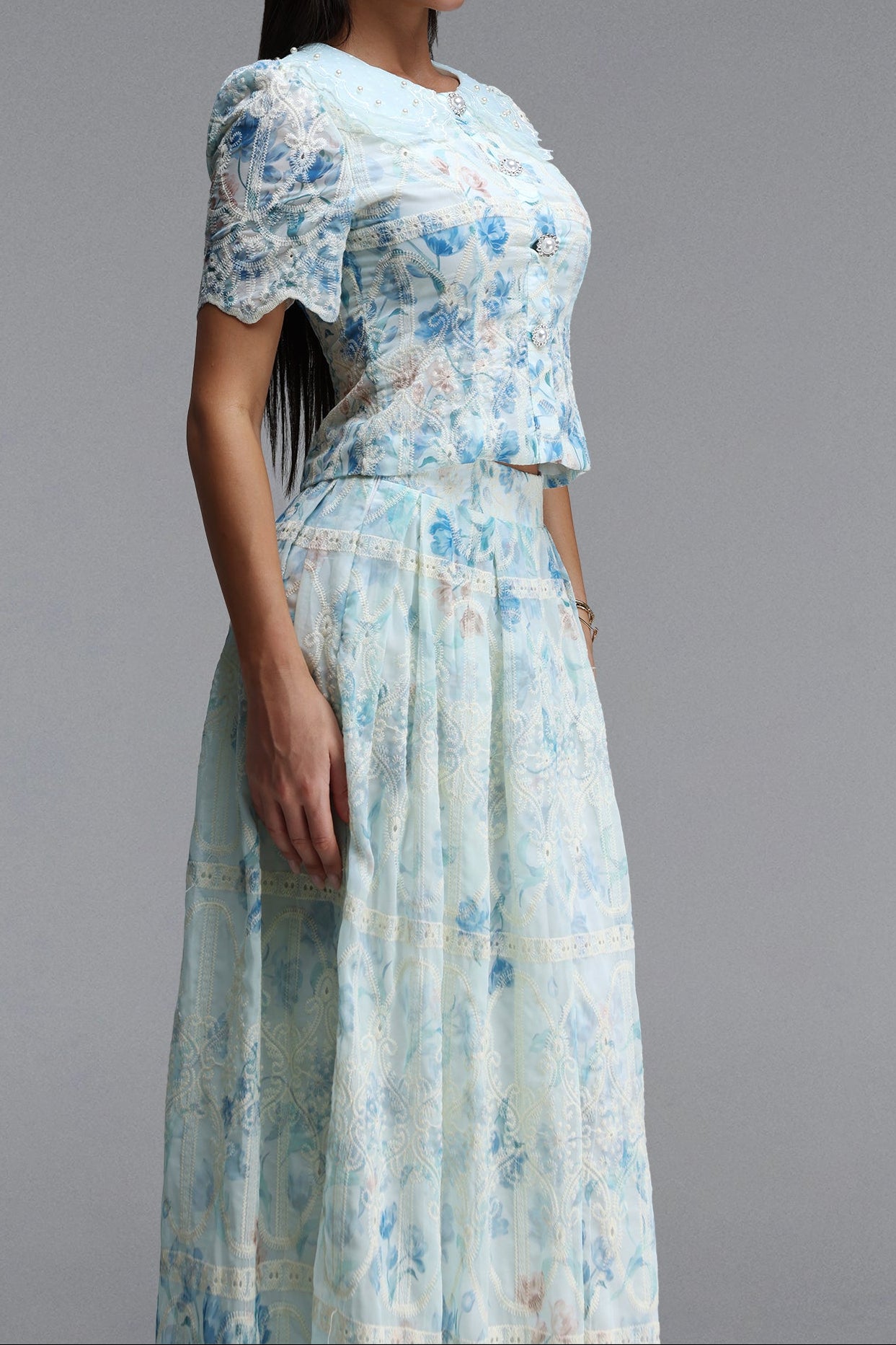 LIGHT BLUE LACE PETER PAN COLLAR CROP TOP & MAXI SKIRT SET