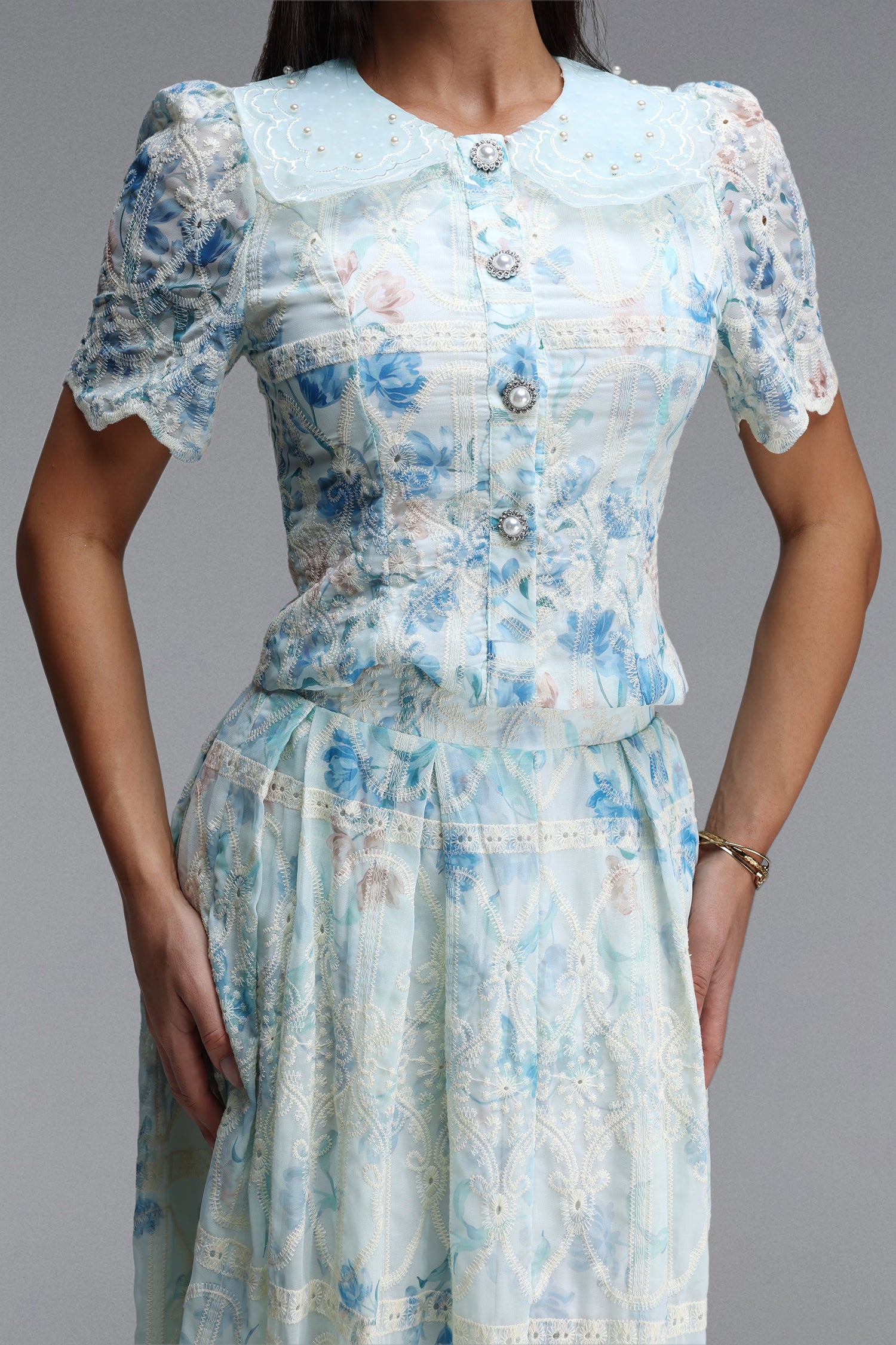 LIGHT BLUE LACE PETER PAN COLLAR CROP TOP & MAXI SKIRT SET