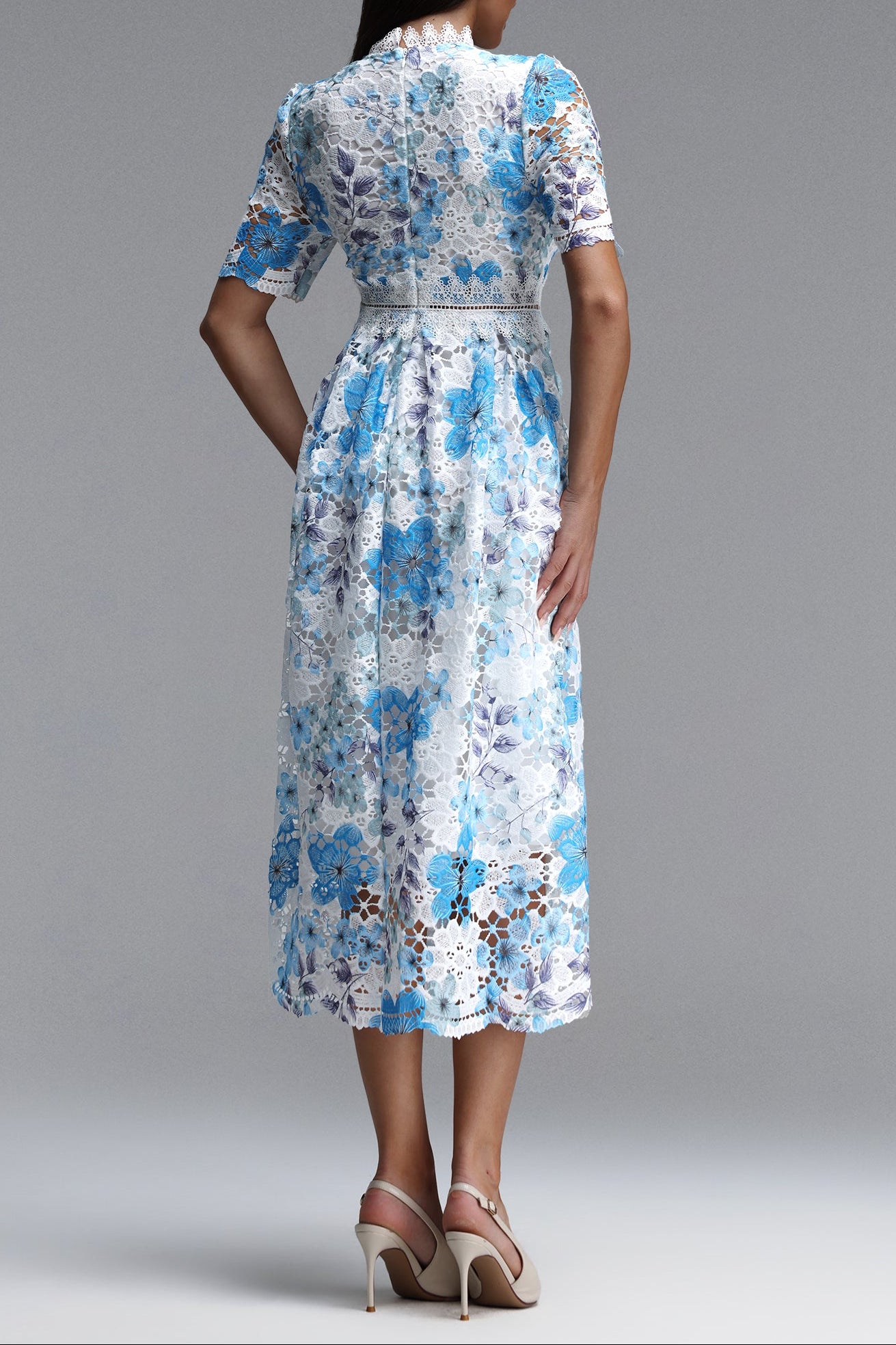BLUE LACE PUFF SLEEVE MIDI DRESS, HIGH NECK A-LINE