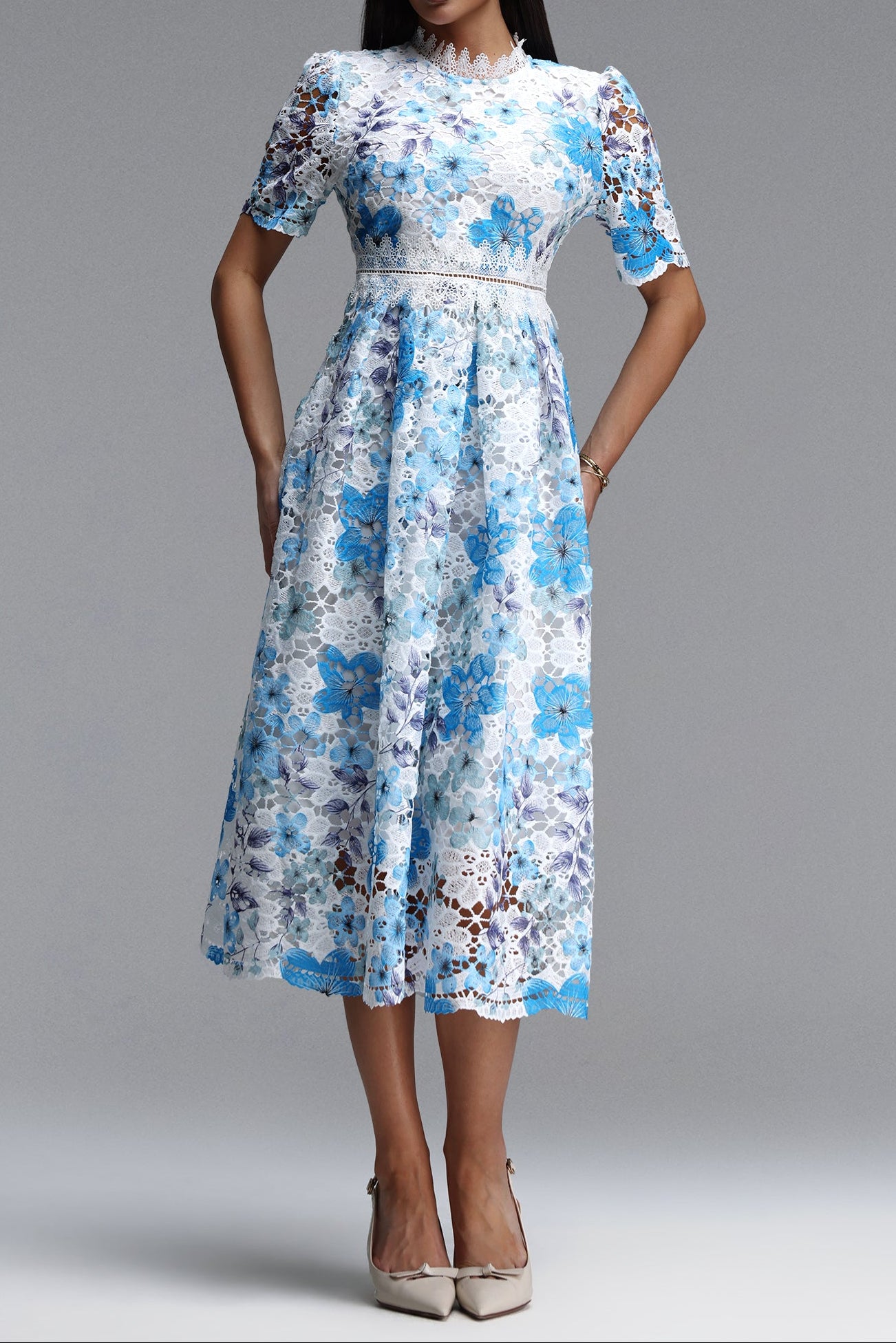 2026-05-27-alba266799 BLUE LACE PUFF SLEEVE MIDI DRESS, HIGH NECK A-LINE