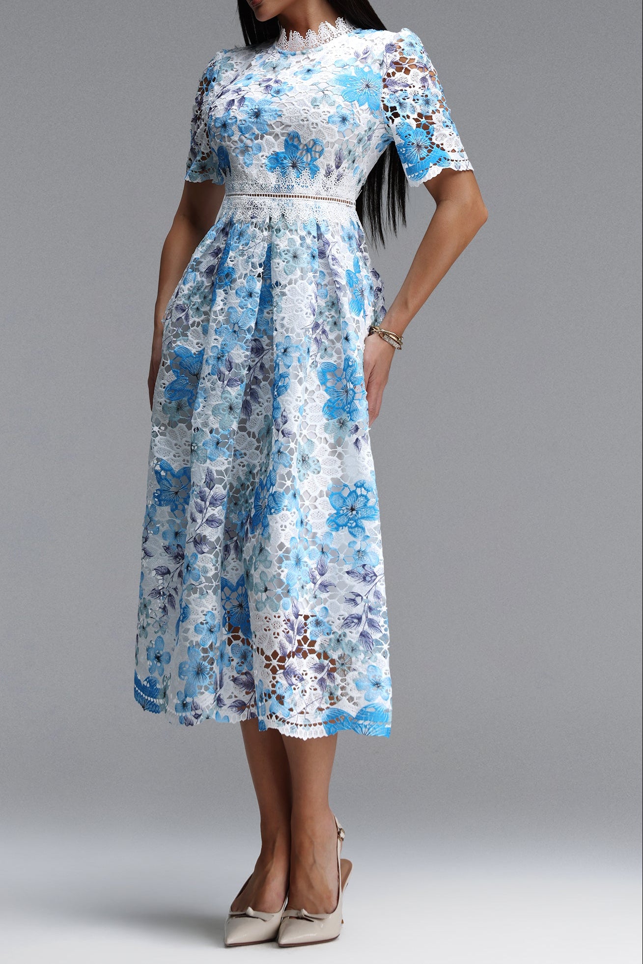 BLUE LACE PUFF SLEEVE MIDI DRESS, HIGH NECK A-LINE