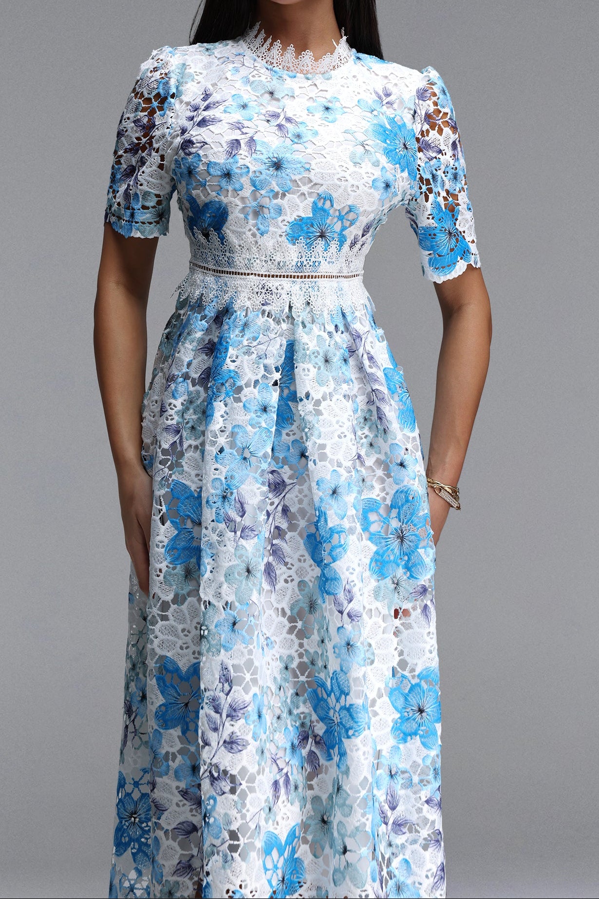 BLUE LACE PUFF SLEEVE MIDI DRESS, HIGH NECK A-LINE