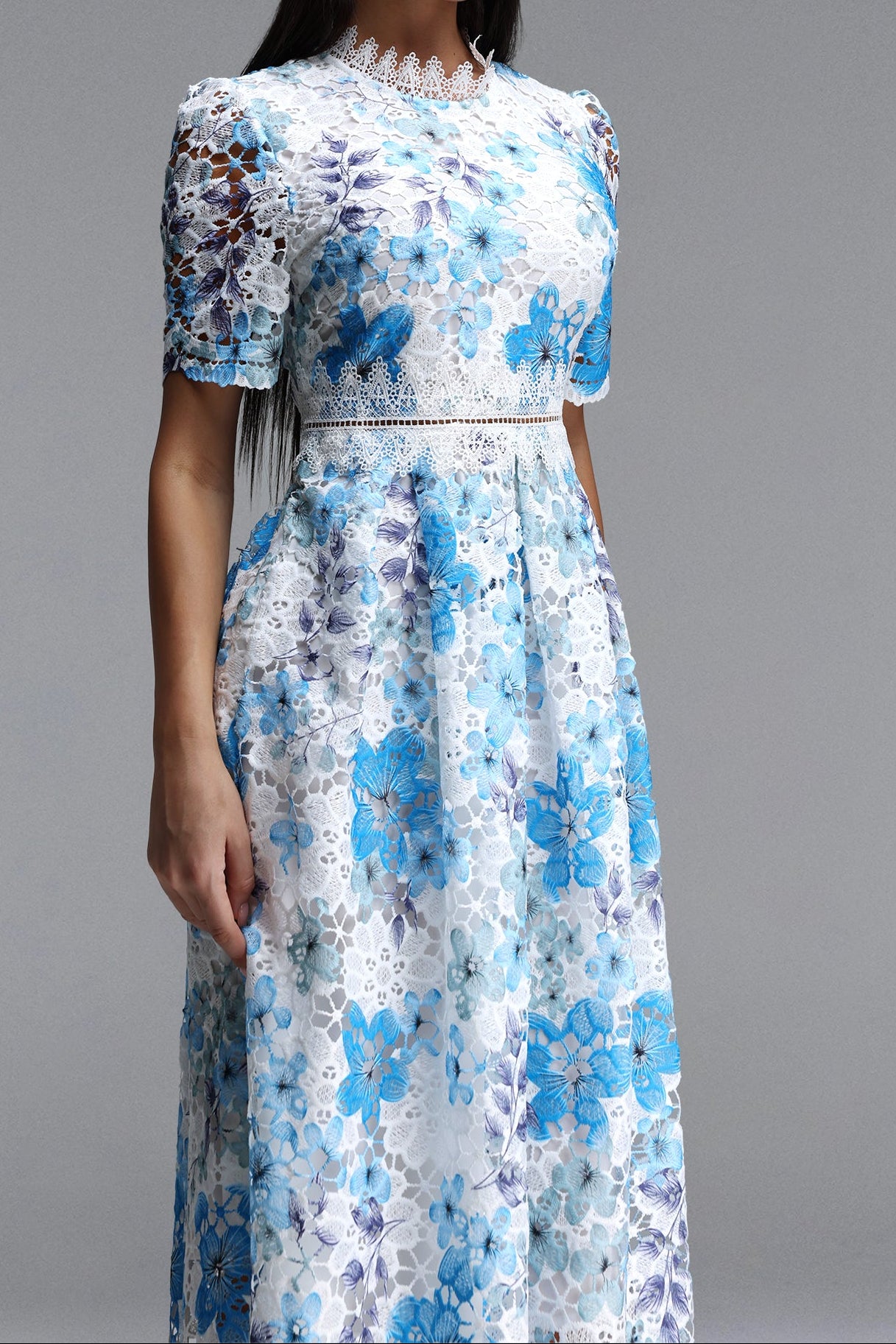 BLUE LACE PUFF SLEEVE MIDI DRESS, HIGH NECK A-LINE