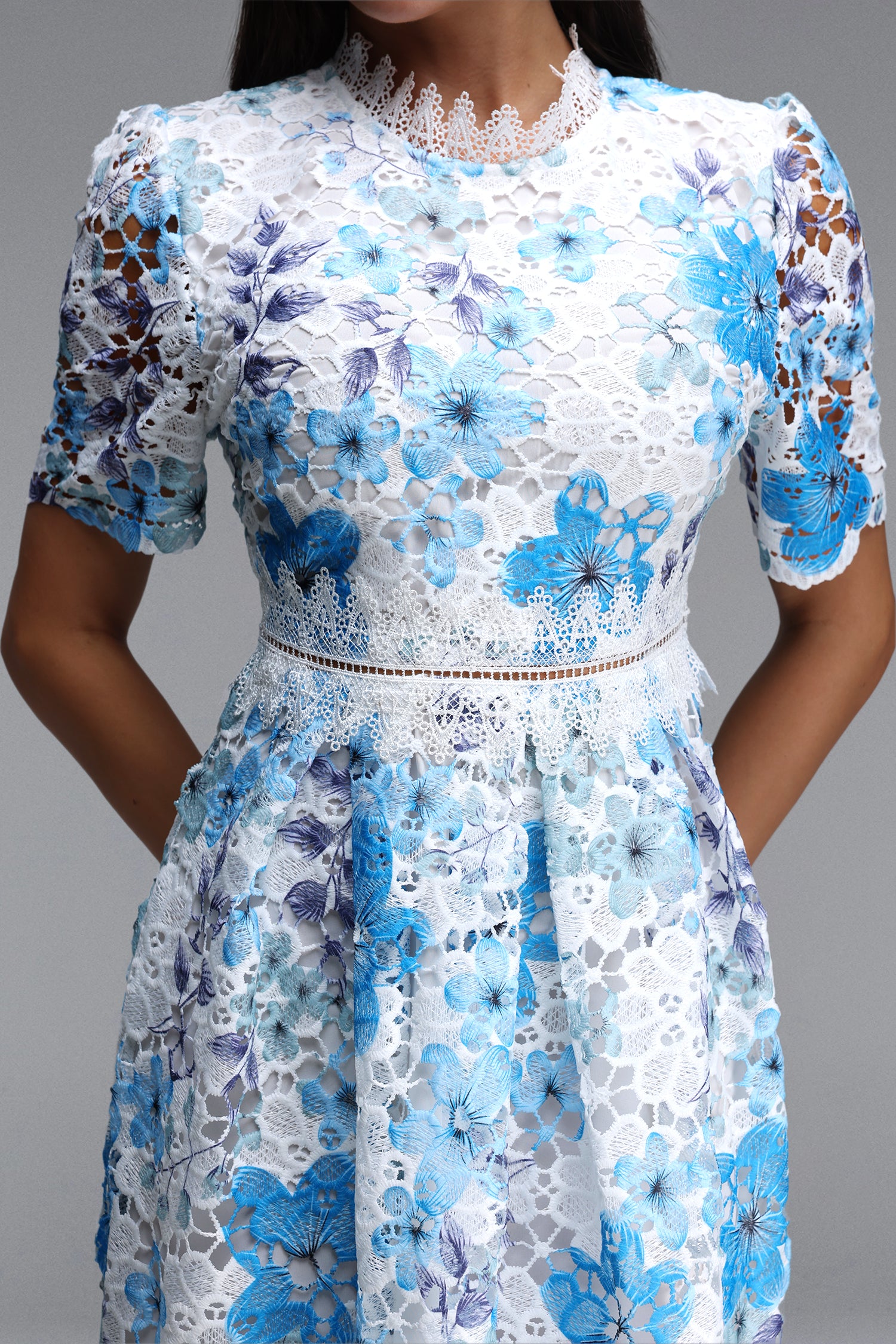 BLUE LACE PUFF SLEEVE MIDI DRESS, HIGH NECK A-LINE
