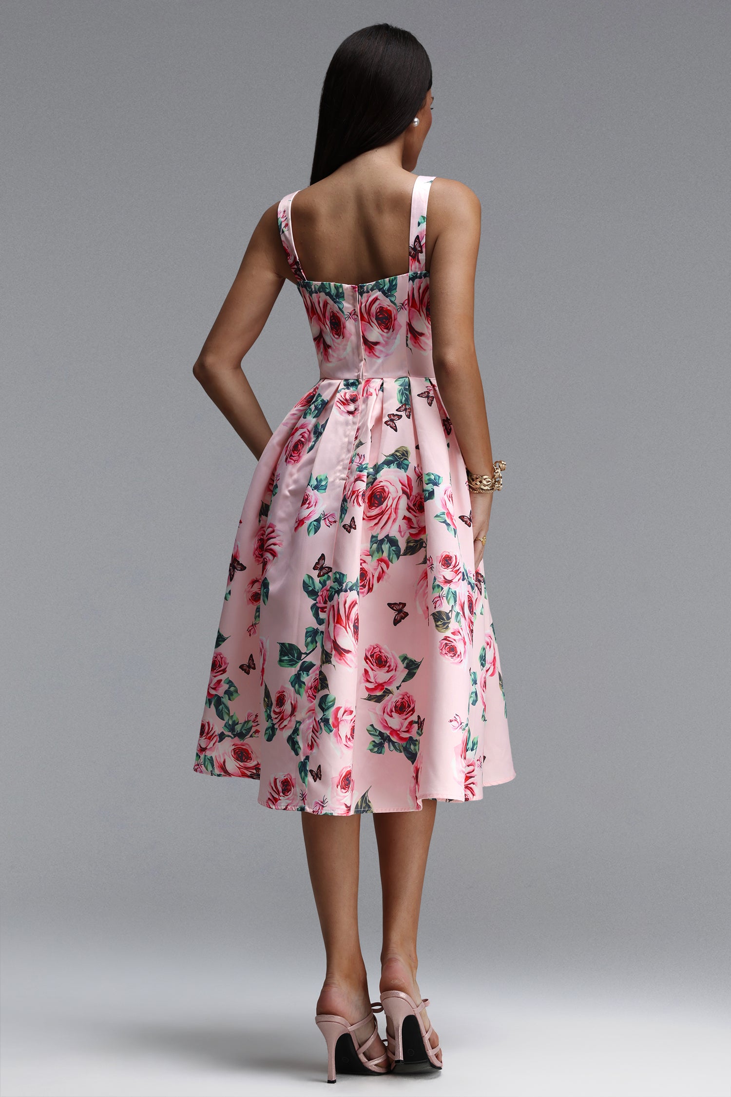 PINK ROSE BUTTERFLY SQUARE NECK WIDE STRAP FIT-FLARE MIDI DRESS
