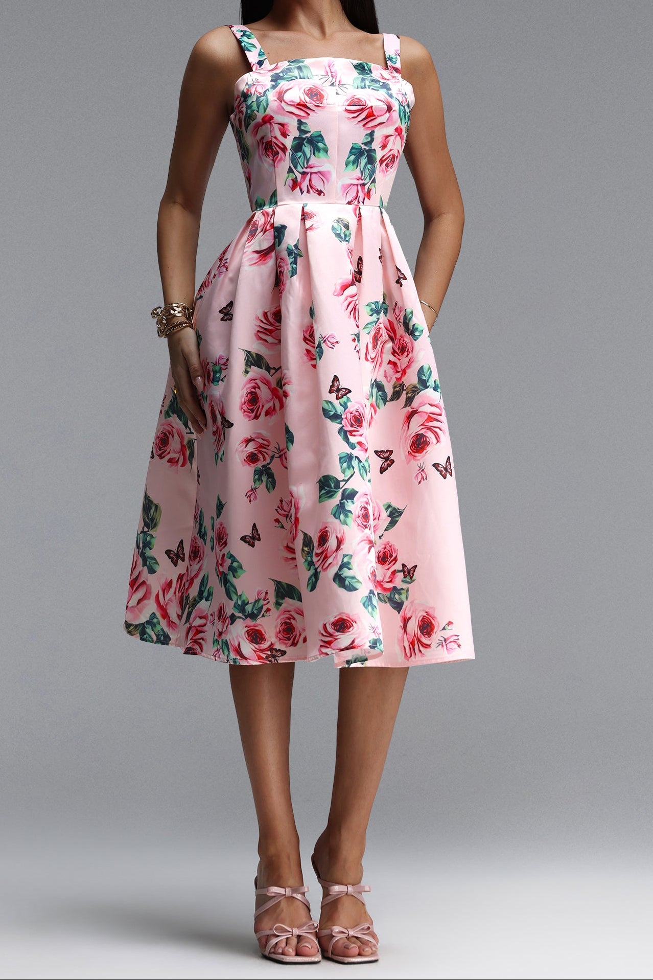 PINK ROSE BUTTERFLY SQUARE NECK WIDE STRAP FIT-FLARE MIDI DRESS