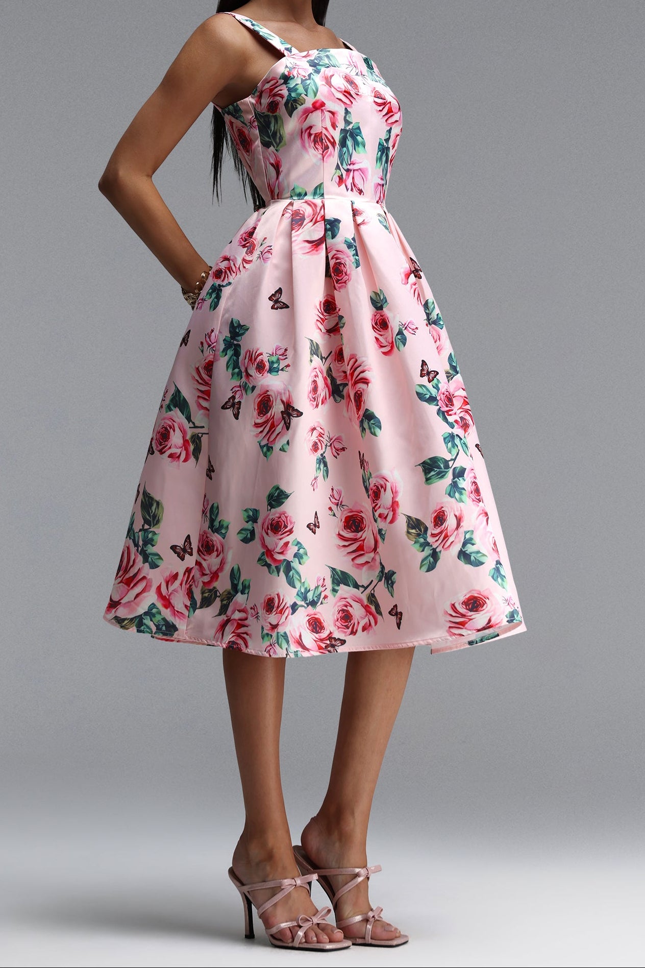 PINK ROSE BUTTERFLY SQUARE NECK WIDE STRAP FIT-FLARE MIDI DRESS