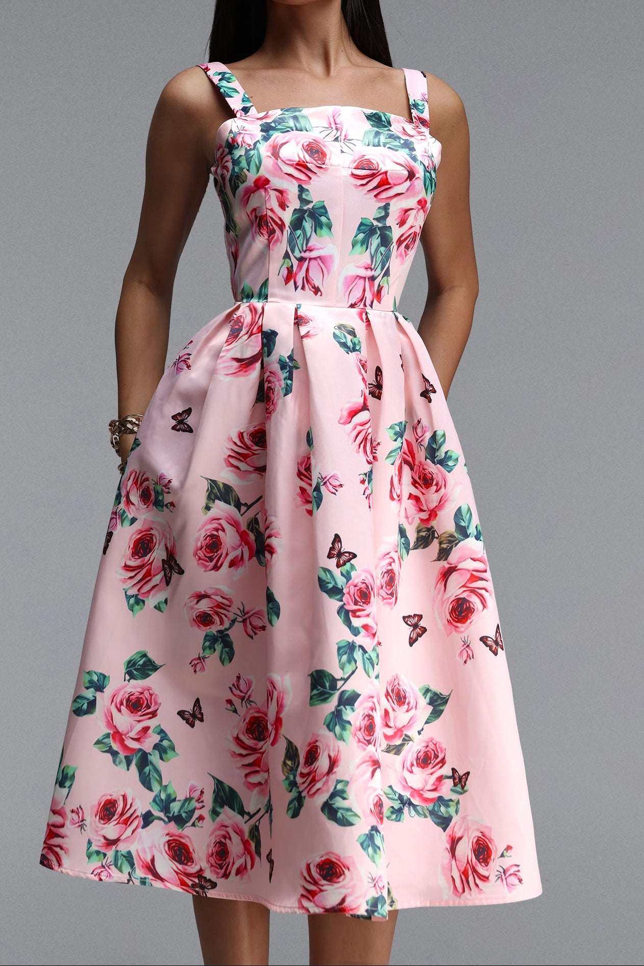 2026-05-27-alba267222 PINK ROSE BUTTERFLY SQUARE NECK WIDE STRAP FIT-FLARE MIDI DRESS