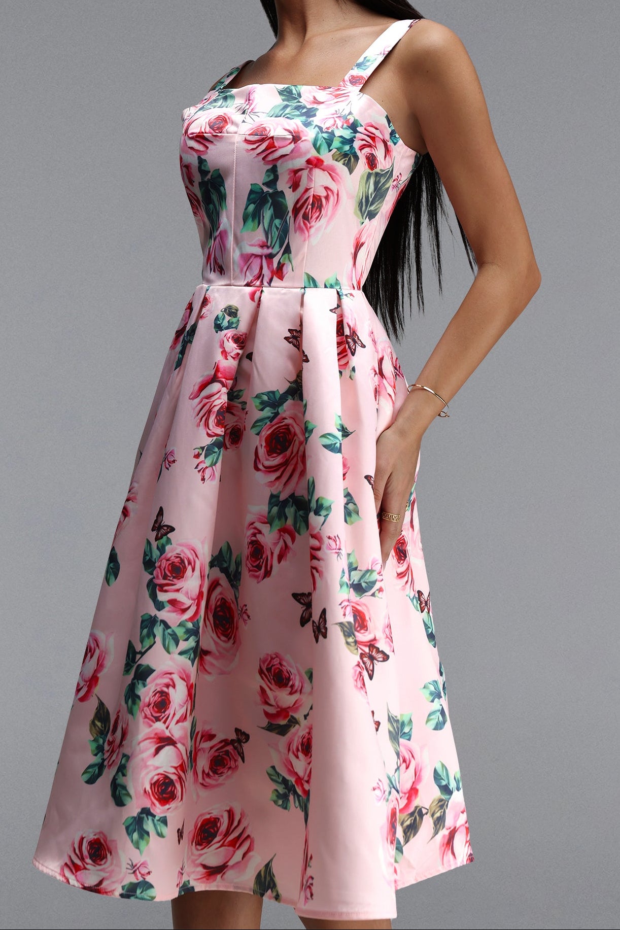 PINK ROSE BUTTERFLY SQUARE NECK WIDE STRAP FIT-FLARE MIDI DRESS