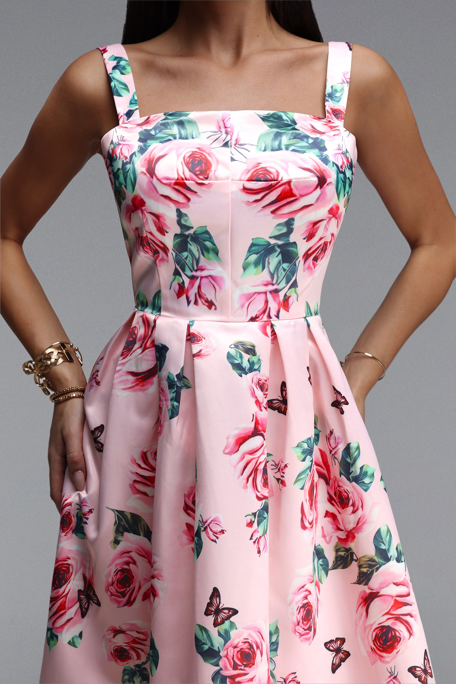 PINK ROSE BUTTERFLY SQUARE NECK WIDE STRAP FIT-FLARE MIDI DRESS