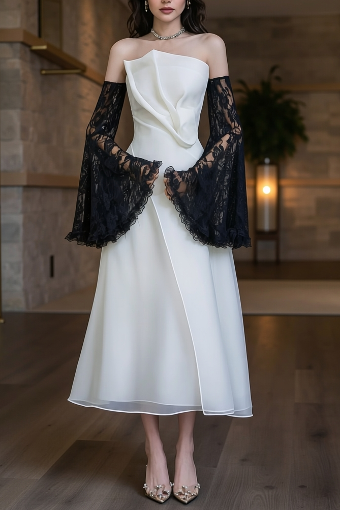 STRAPLESS ORGANZA MIDI DRESS WITH BLACK SLEEVES