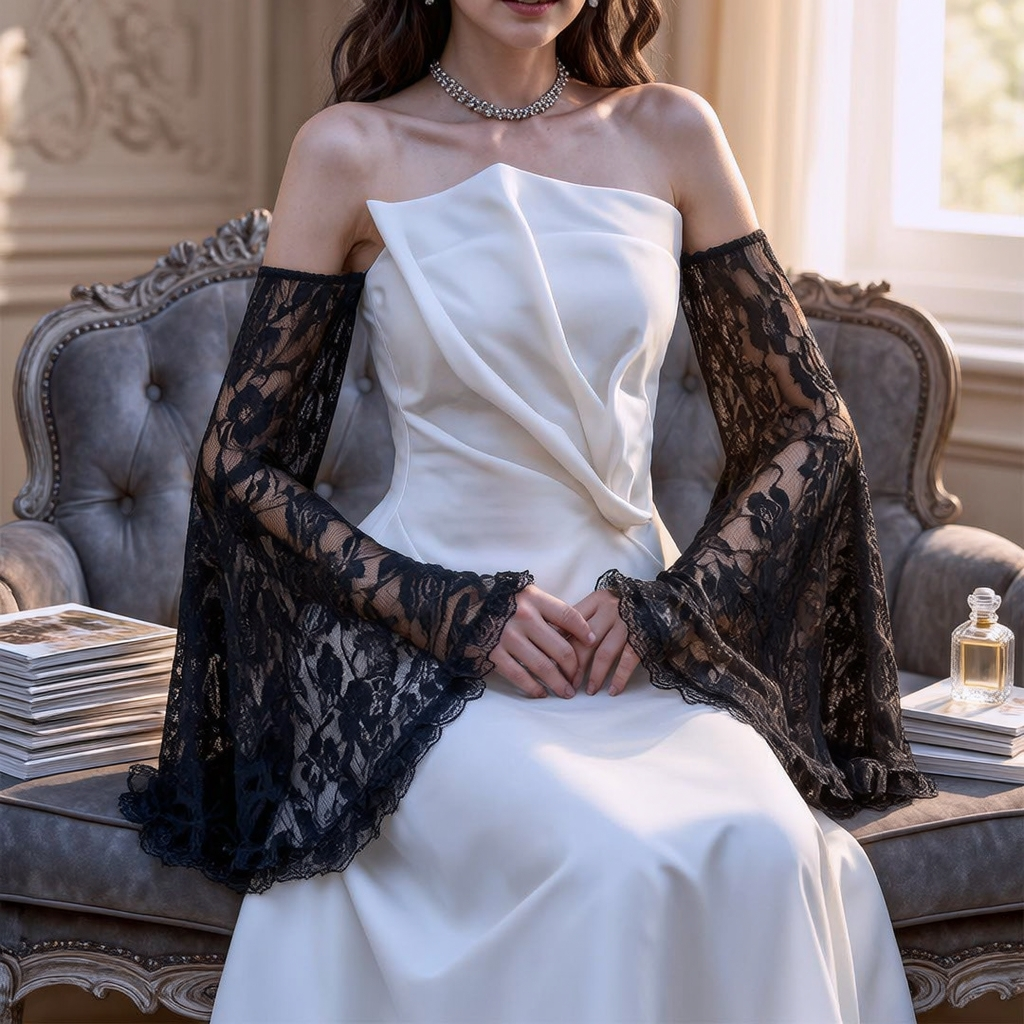 STRAPLESS ORGANZA MIDI DRESS WITH BLACK SLEEVES