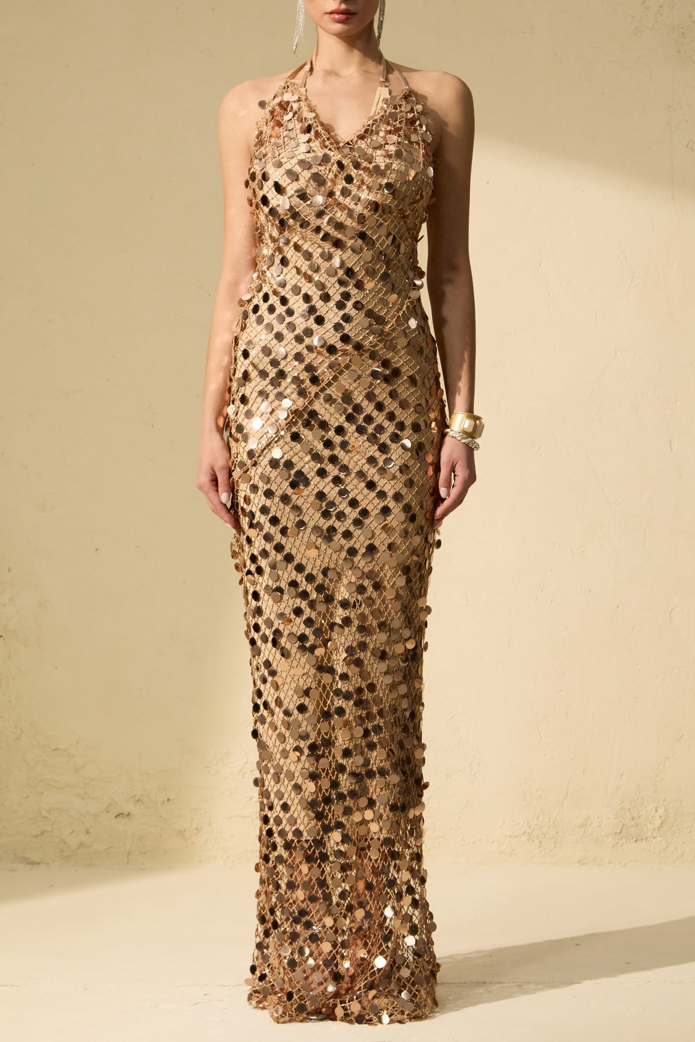 JENNIFER GOLD SEQUIN BACKLESS MAXI DRESS