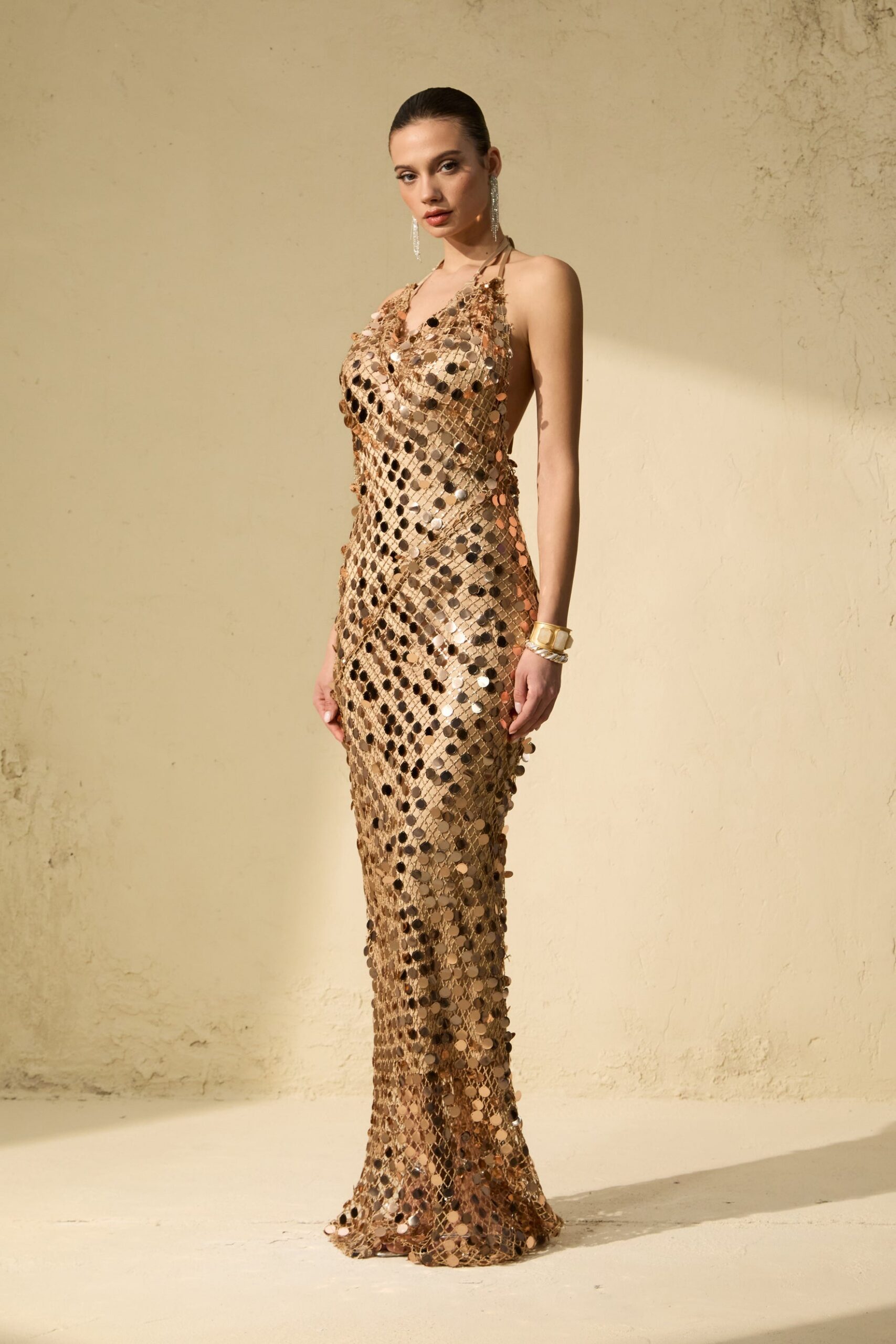 JENNIFER GOLD SEQUIN BACKLESS MAXI DRESS