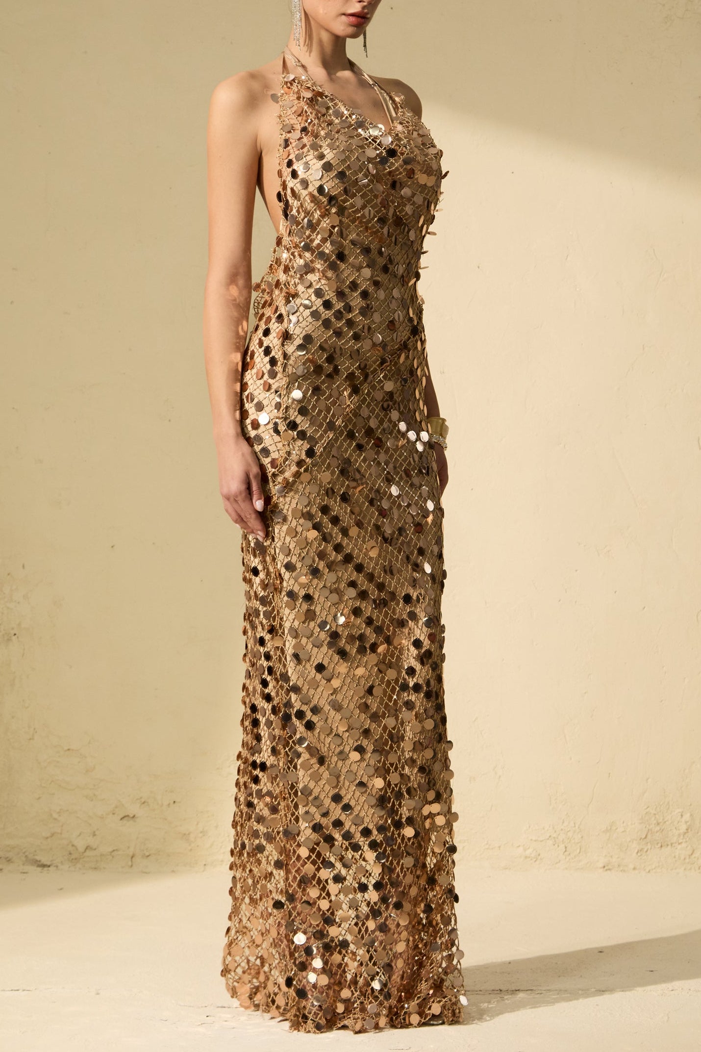 JENNIFER GOLD SEQUIN BACKLESS MAXI DRESS