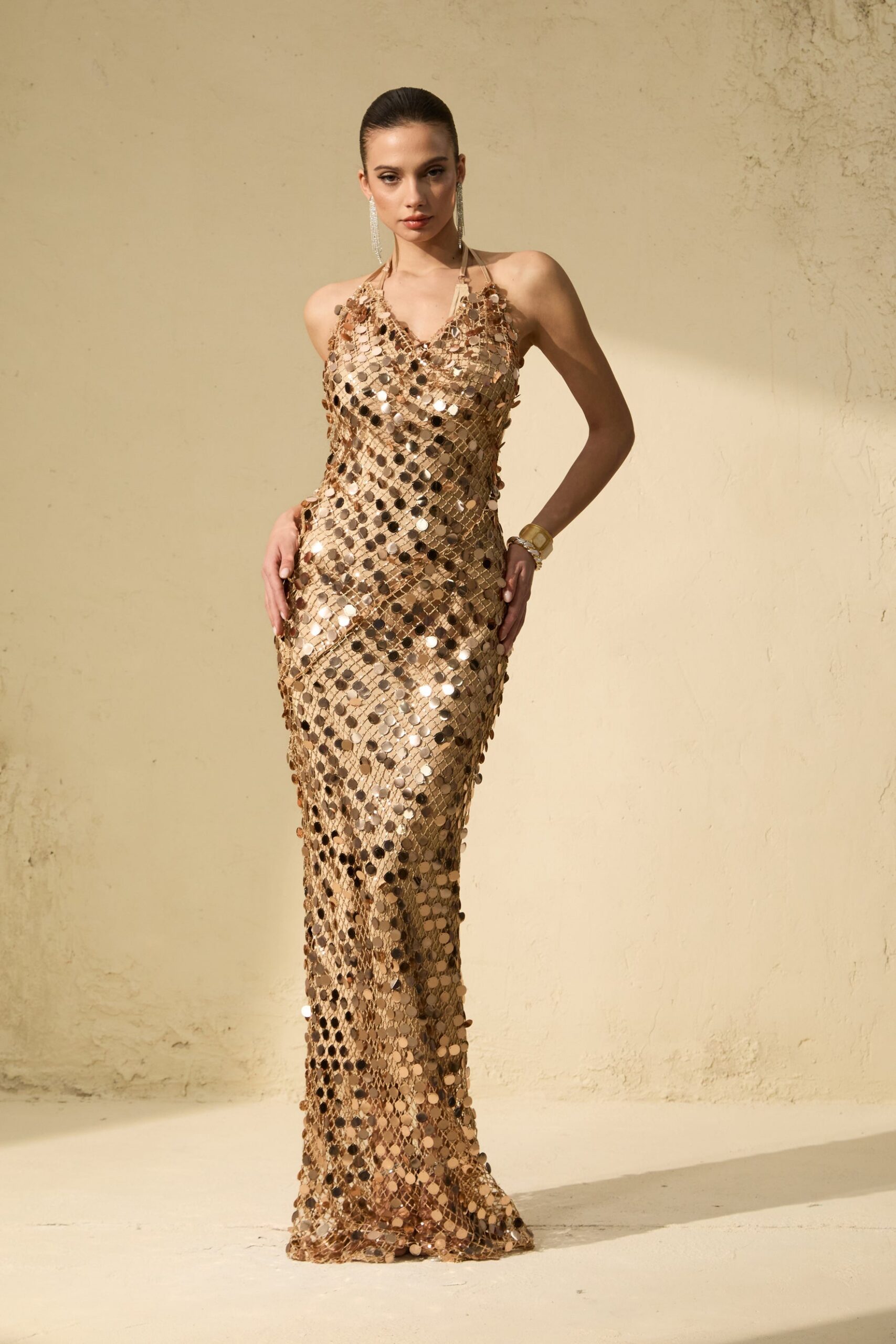 JENNIFER GOLD SEQUIN BACKLESS MAXI DRESS