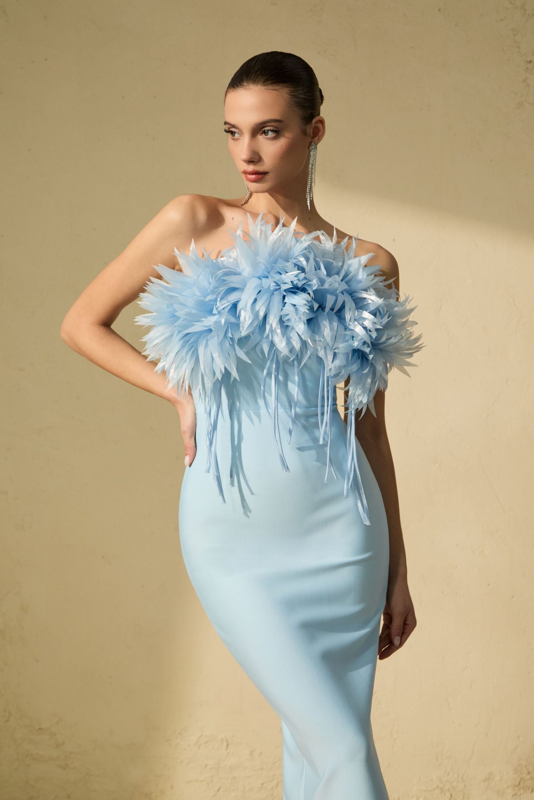 PENNY BLUE PETAL APPLIQUE STRAPLESS MIDI DRESS