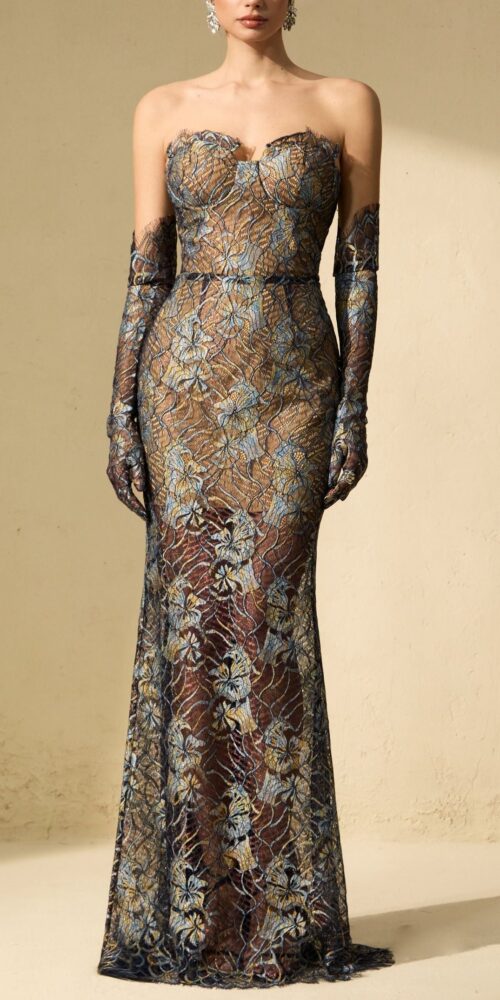 Shnovia Blue Strapless Embroidered Lace Maxi Dress With Gloves Shnovia Blue Strapless Embroidered Lace Maxi Dress With Gloves