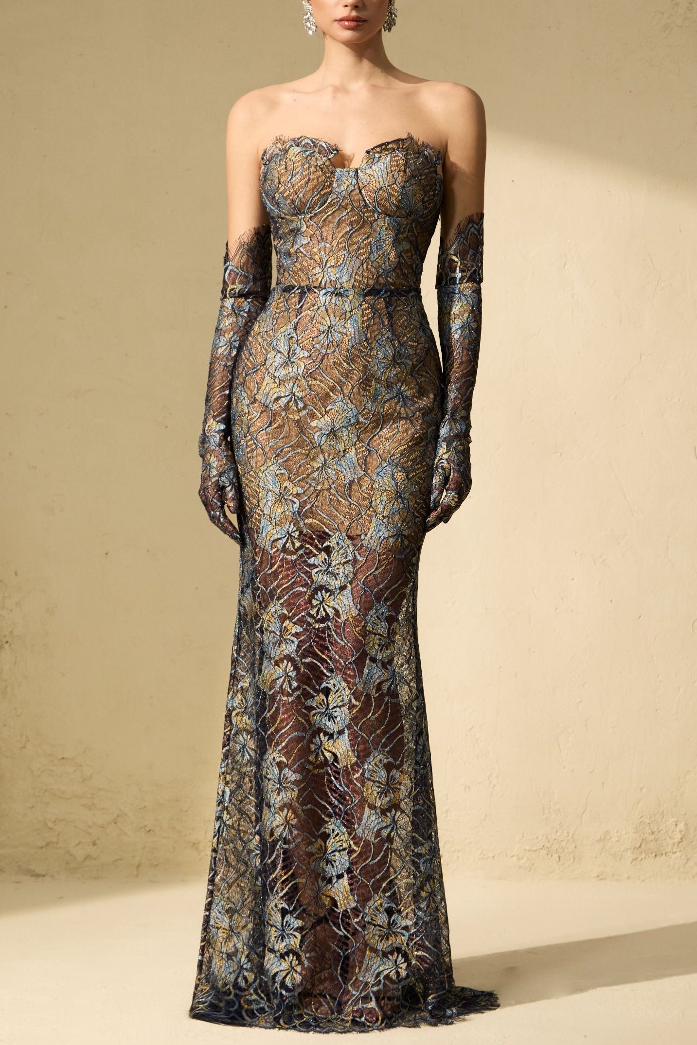 SHNOVIA BLUE STRAPLESS EMBROIDERED LACE MAXI DRESS