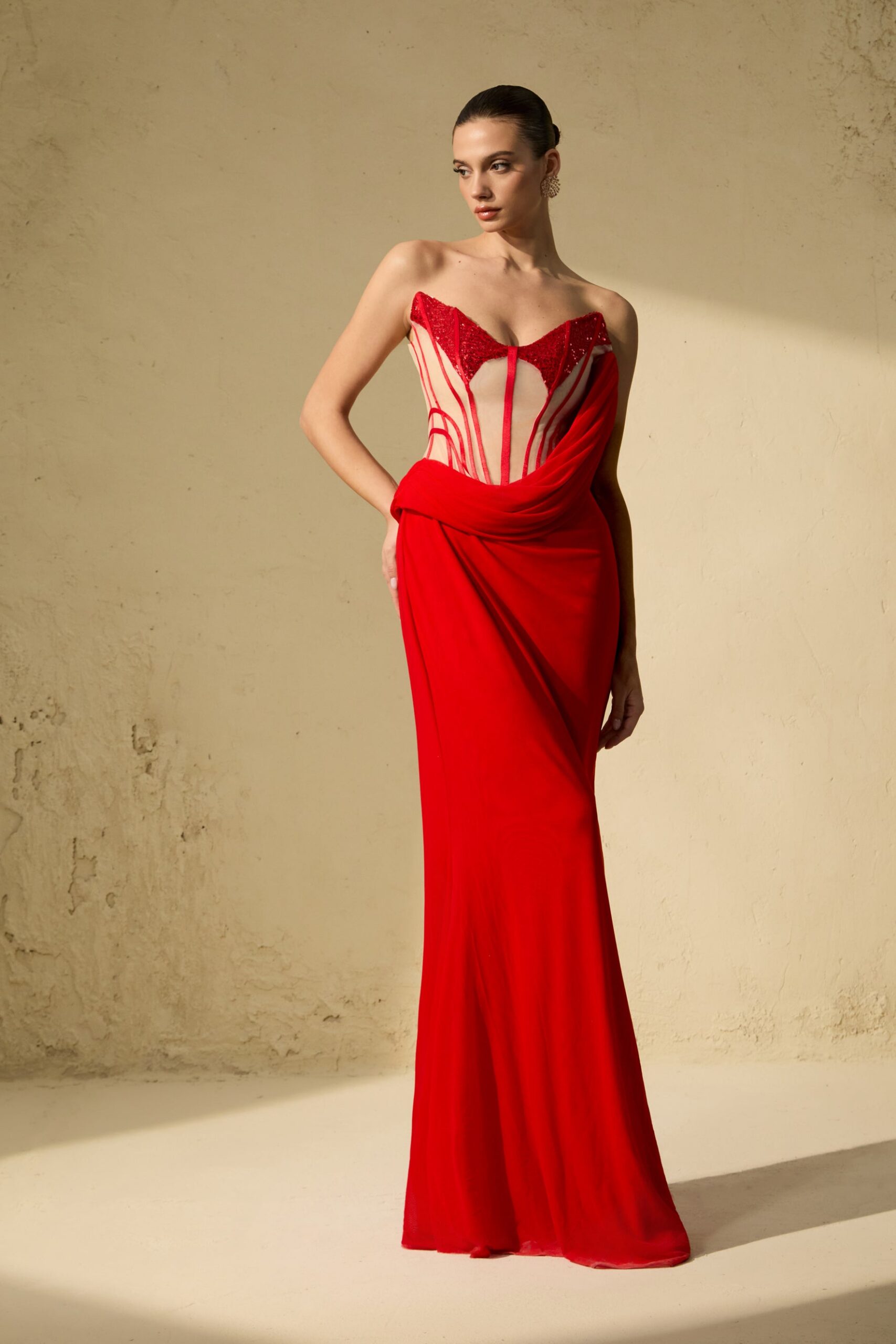 MOLLY RED CORSET DRAPED MAXI DRESS, FORMAL GOWN