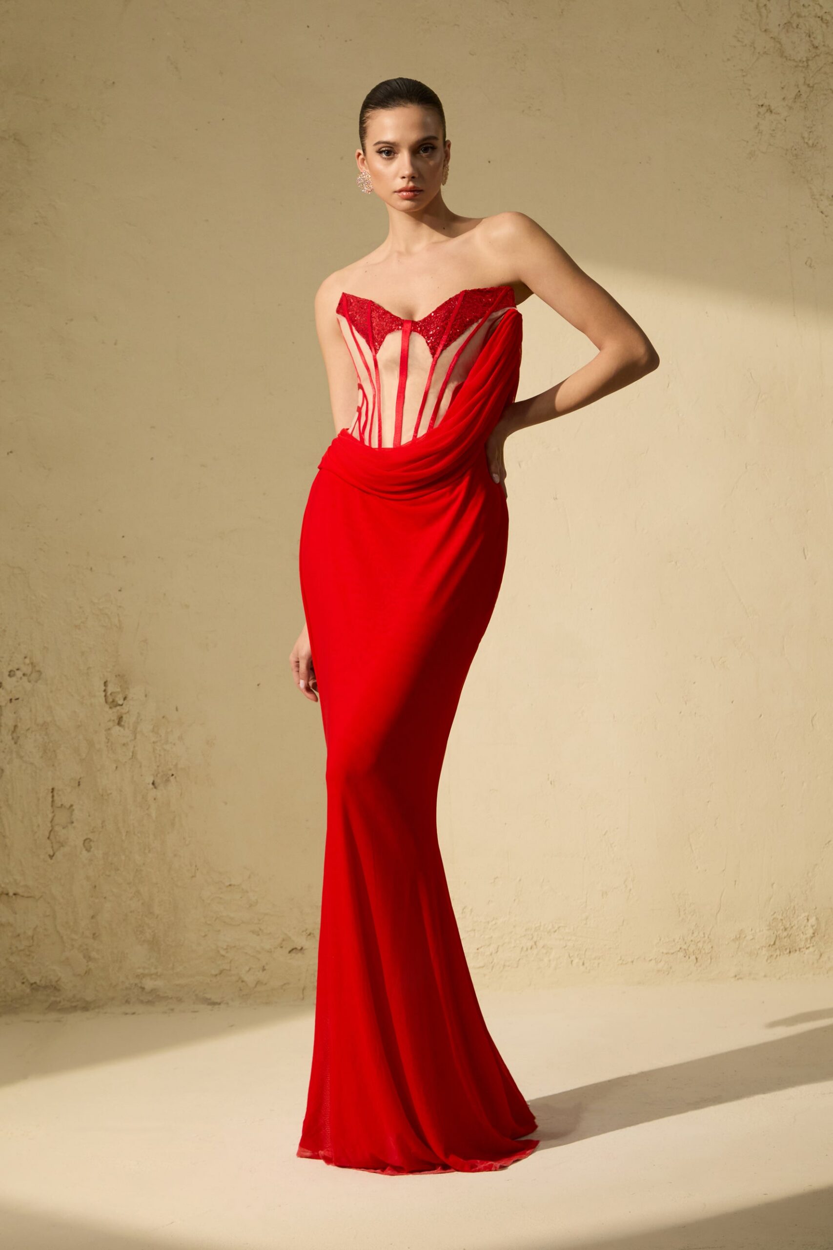 MOLLY RED CORSET DRAPED MAXI DRESS, FORMAL GOWN