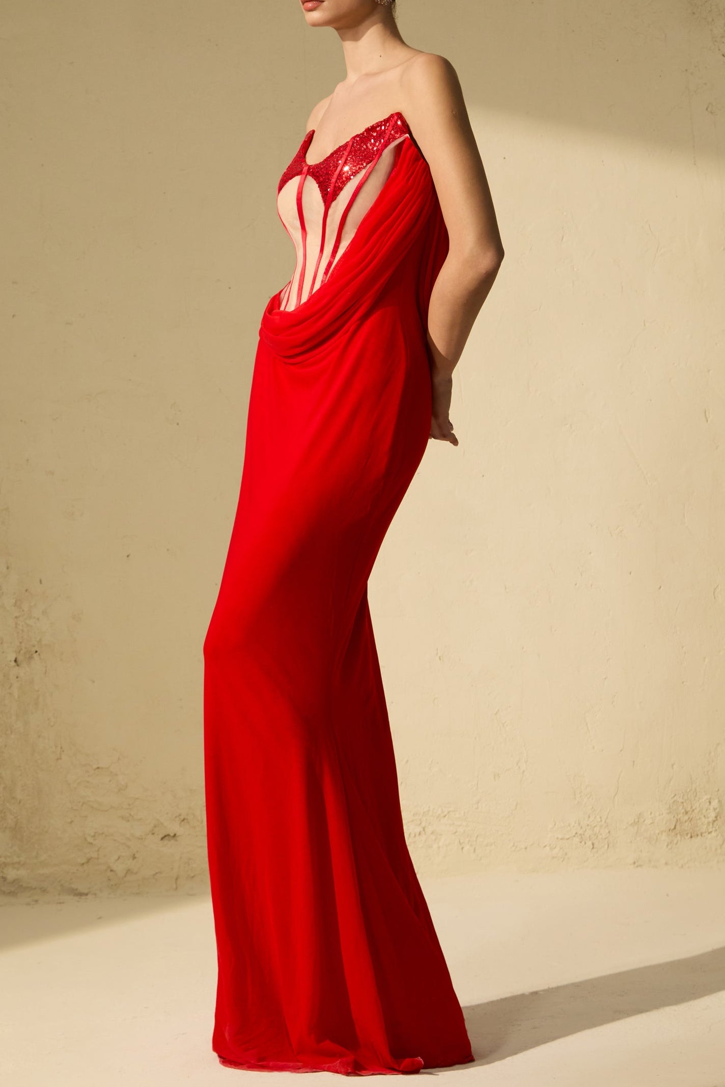 MOLLY RED CORSET DRAPED MAXI DRESS, FORMAL GOWN