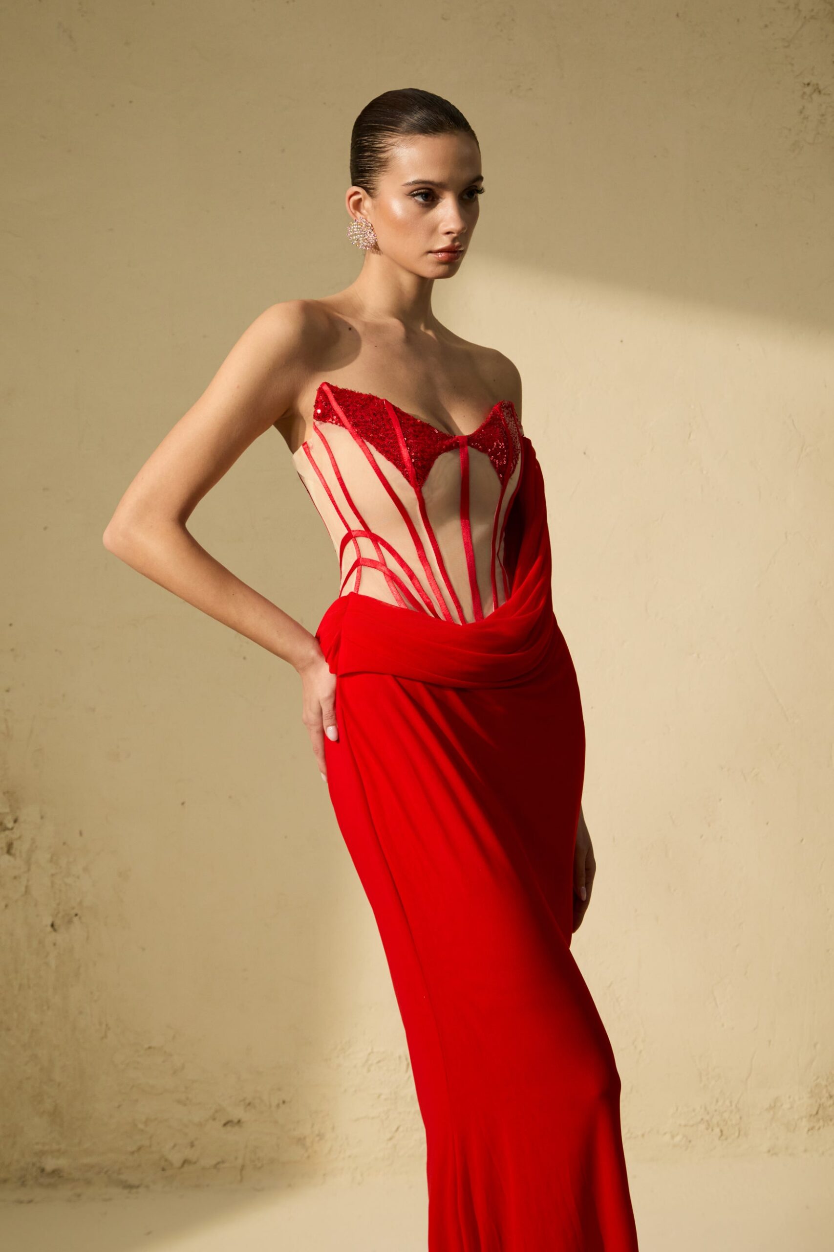 MOLLY RED CORSET DRAPED MAXI DRESS, FORMAL GOWN
