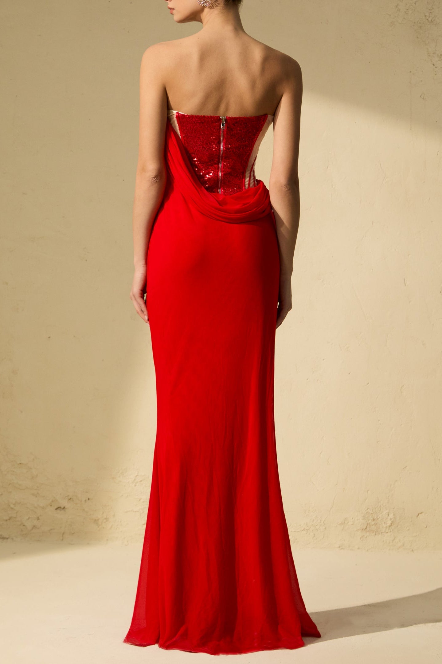 MOLLY RED CORSET DRAPED MAXI DRESS, FORMAL GOWN