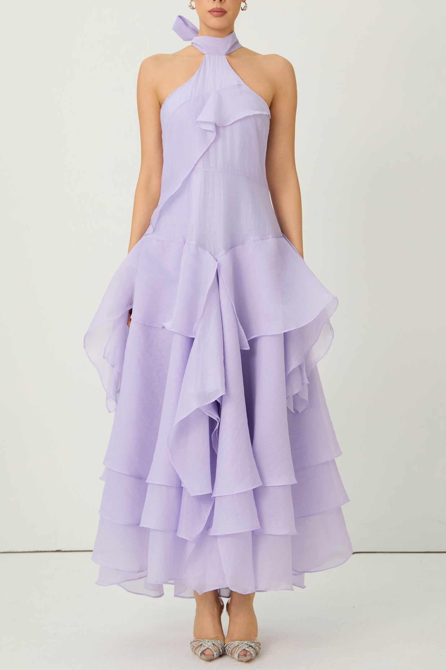 LINDA PURPLE HALTER RUFFLE MAXI DRESS