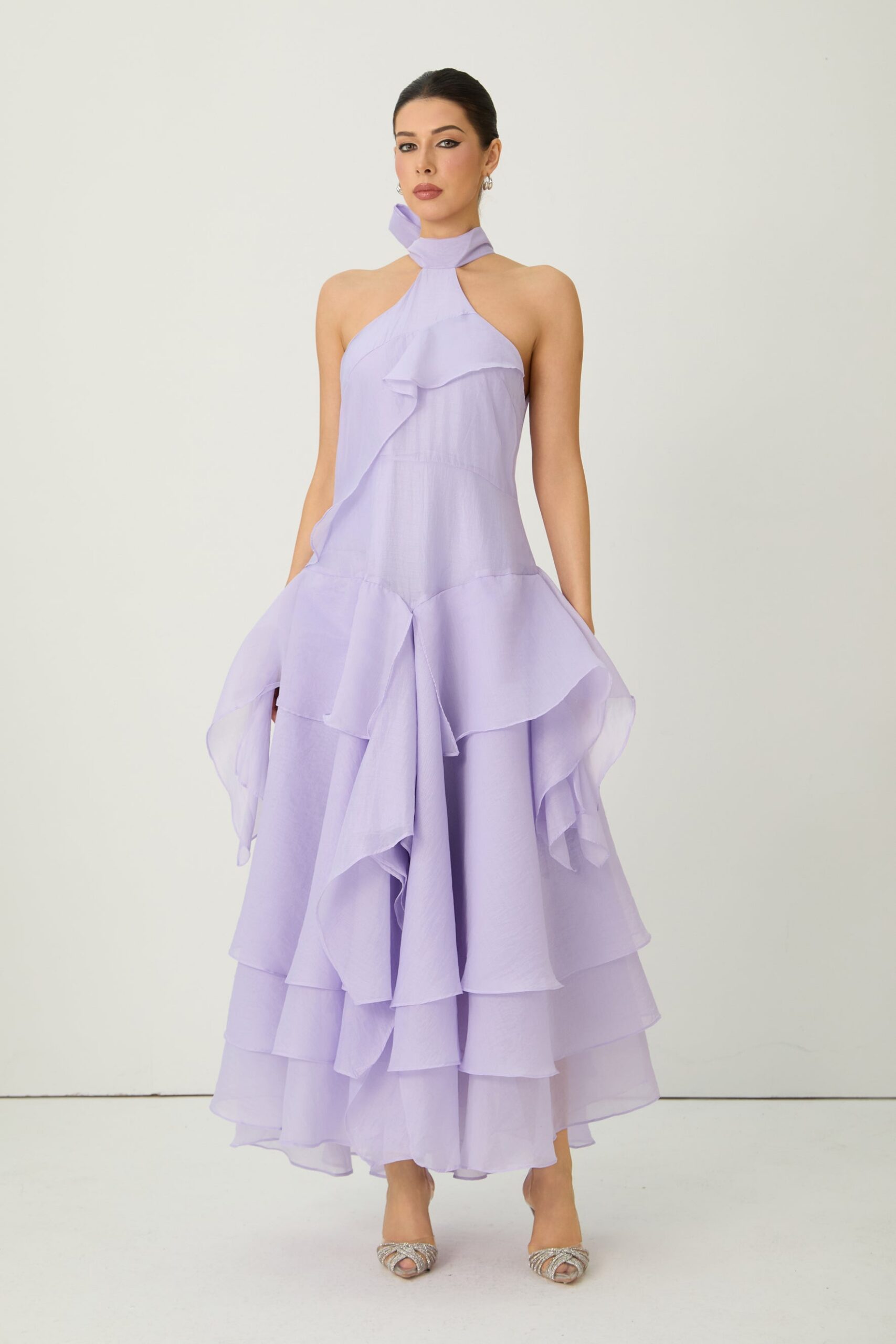 LINDA PURPLE HALTER RUFFLE MAXI DRESS